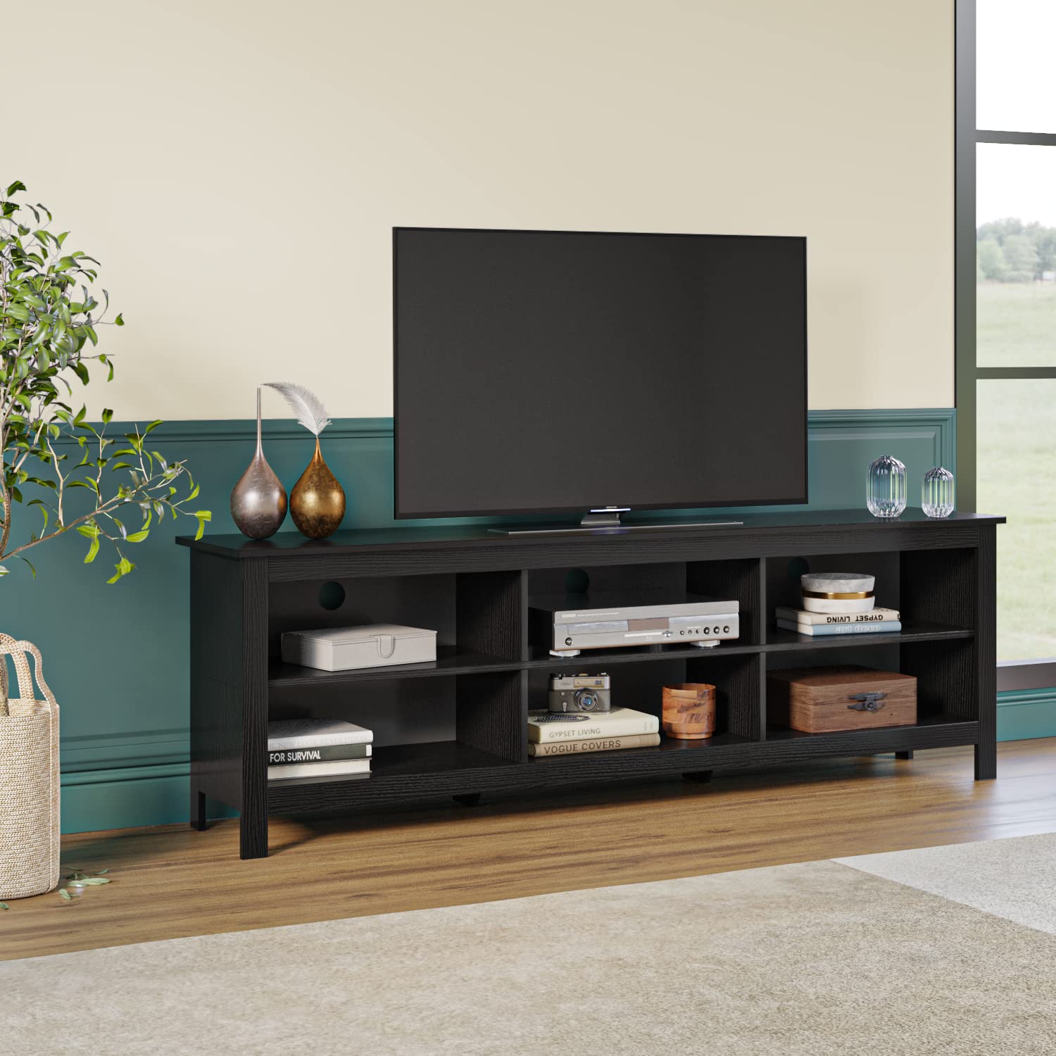 Panana 6-Cubby TV Stand for 80 Inch TVs - Black Media Storage Cabinet with Open Shelves - Perfect for Living Room, Bedroom & Home Theater Setup