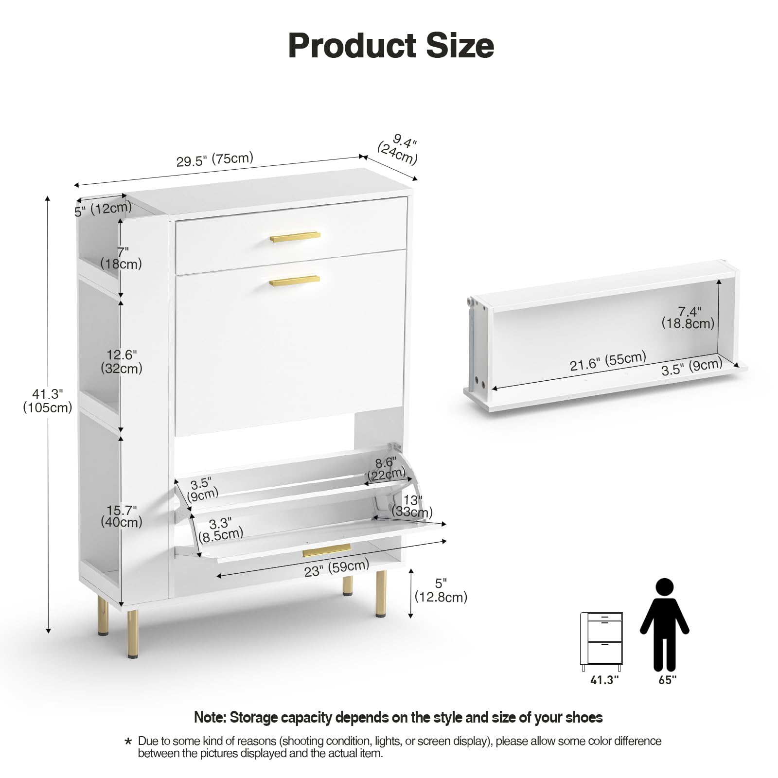 Anmytek White Shoe Storage Cabinet with 2 Flip Drawers - Modern Freestanding Shoe Rack Organizer for Entryway, Hallway & Closet - Space Saving Narrow Shoe Cabinet for Sneakers, Boots & Heels - H0111
