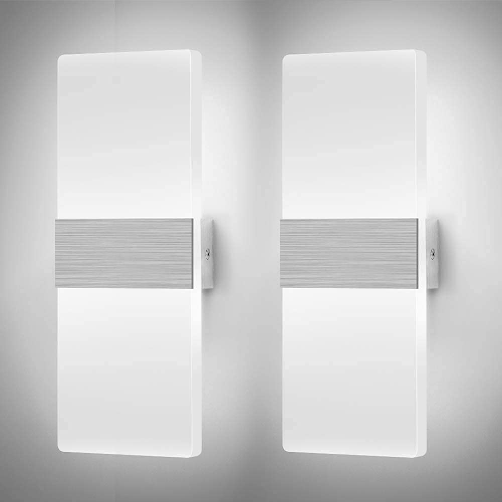 Dimmable LED Wall Sconce Set of 2 - Modern 12W Wall Light Fixture for Hallway, Bedroom & Living Room - Cool White (HS821-2) - Perfect for Ambient Lighting and Space-Saving Home Decor