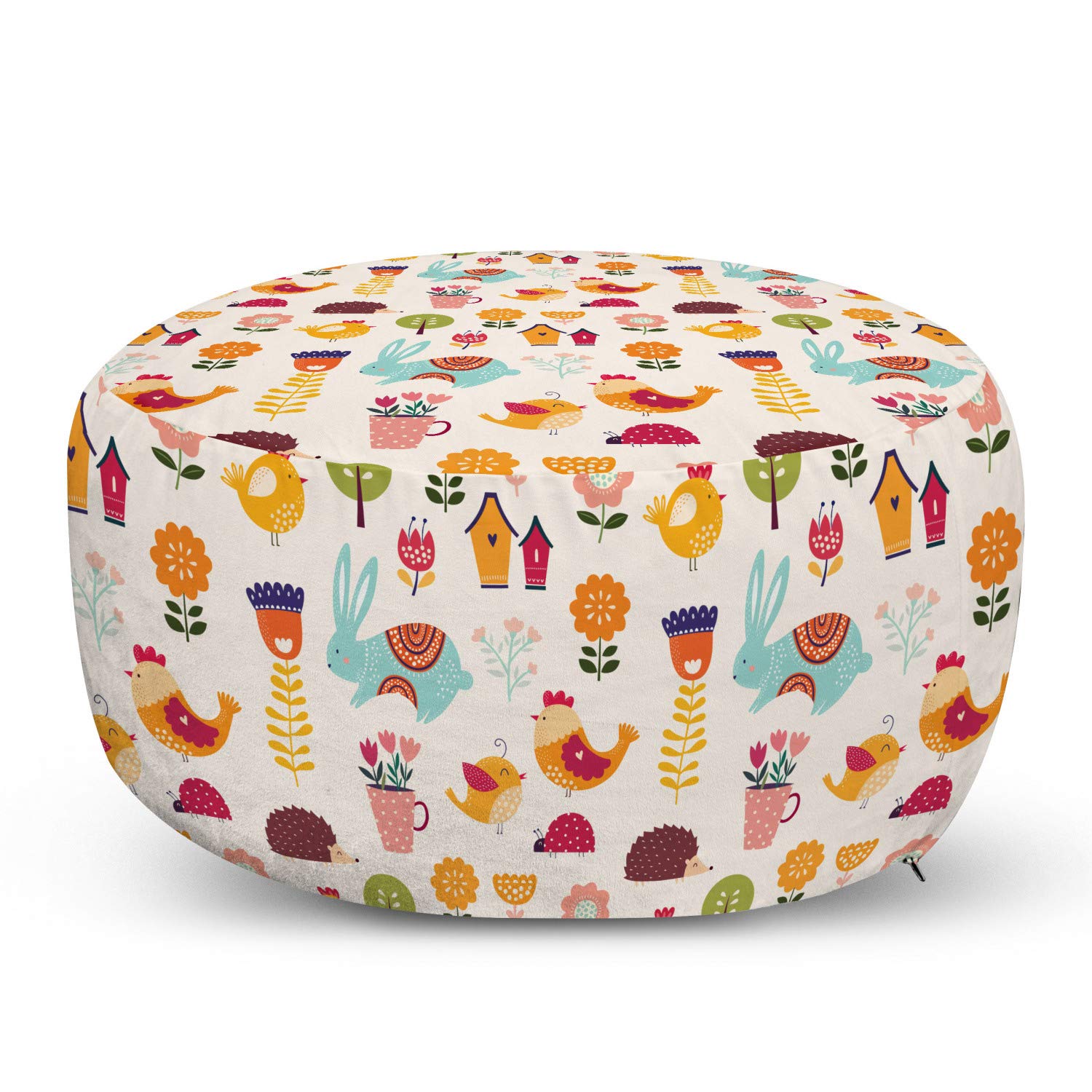 Ambesonne Colorful Ottoman Pouf with Countryside Farming Design - Soft Foot Rest with Removable Cover, Featuring Bunny, Chicken & Flower Pot Patterns - Perfect for Living Room, Bedroom & Nursery Decor - Multicolor Home Accent for Cozy Comfort