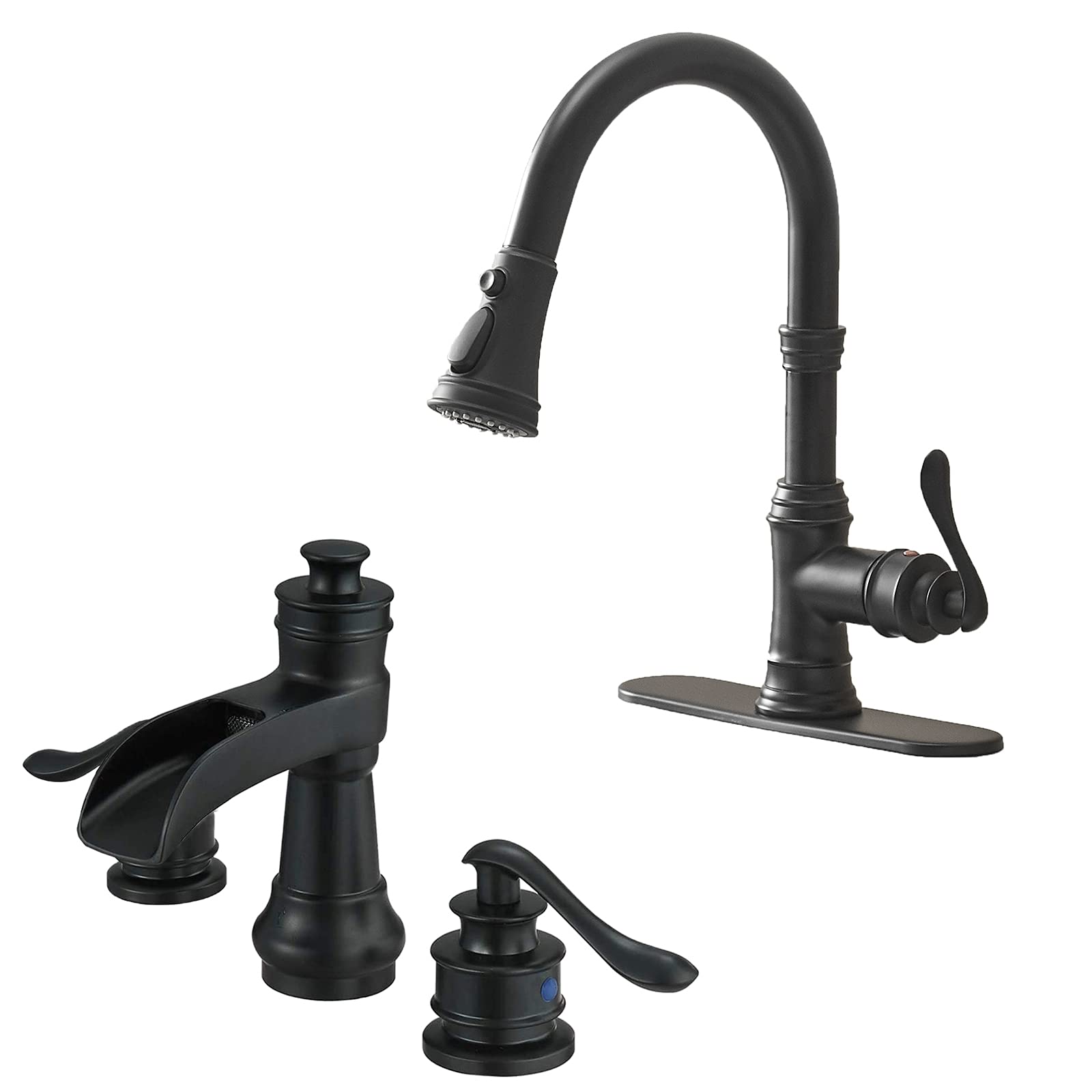 Black Bathroom Sink Faucet Waterfall Single Hole & Kitchen Faucet with Pull Down Sprayer - 3 Mode Outlet for Modern Home Renovation | Perfect for Bathroom Vanity, Kitchen Sink, and Commercial Use