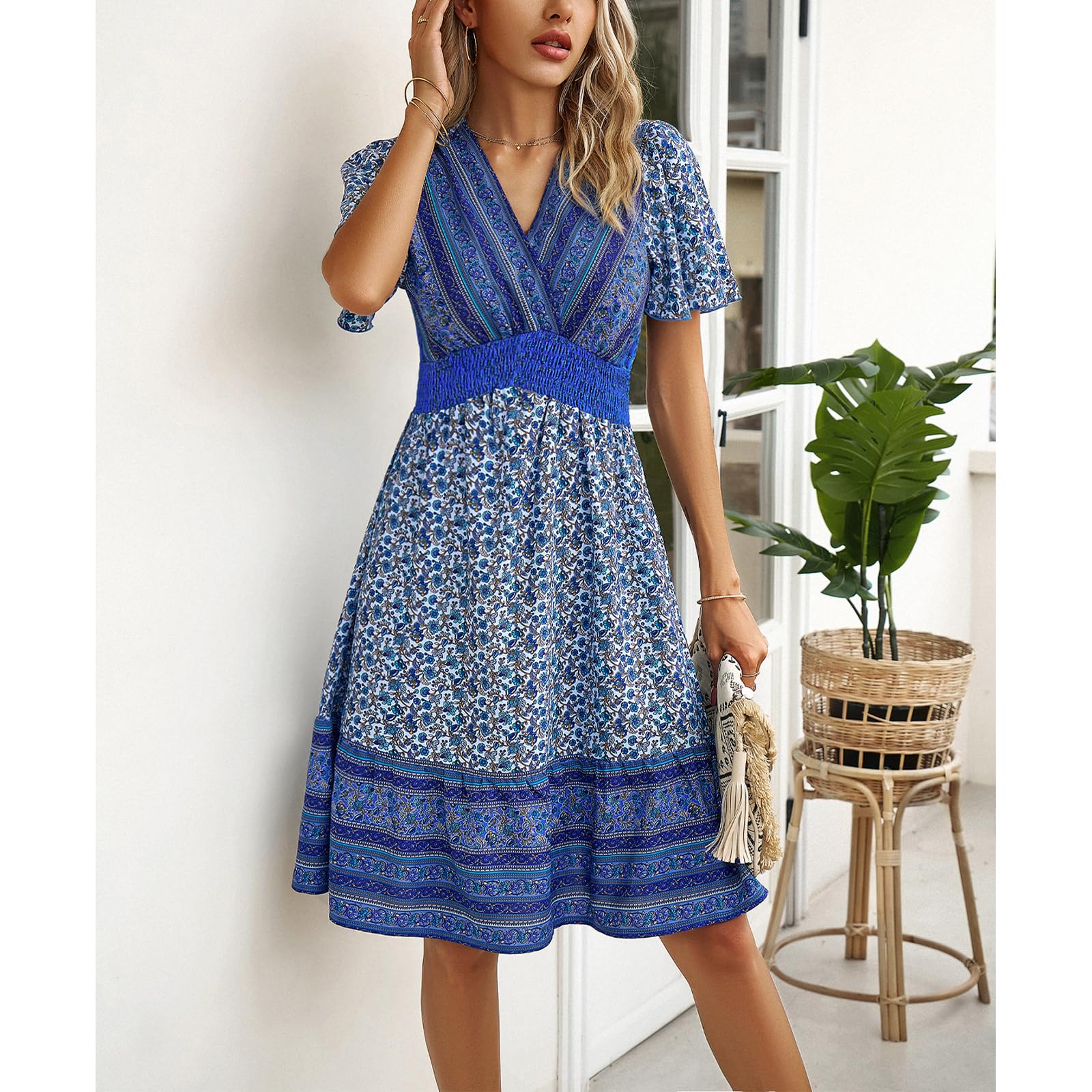 AILLOSA Women's Floral Boho Dress - V Neck Short Sleeve A-Line Midi Dress for Summer, Beach, Vacation & Casual Wear