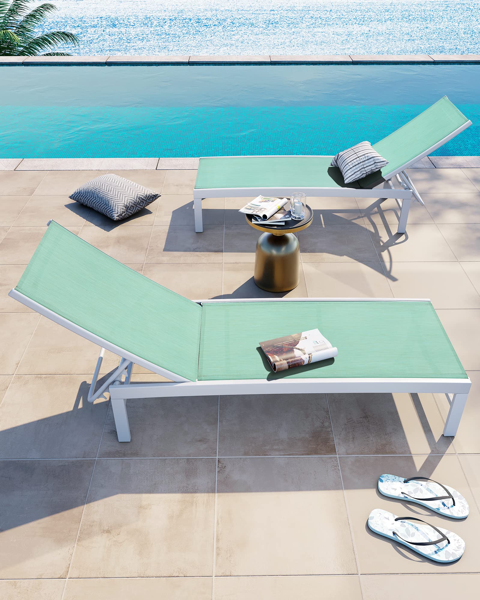 Premium Aluminum Pool Chaise Lounge Chairs Set of 2 - Adjustable 5-Position Tanning Recliners, All-Weather Outdoor Furniture for Patio, Beach, Yard & Poolside Relaxation (Green) - Perfect for Sunbathing, Lounging by the Pool or Backyard Relaxation