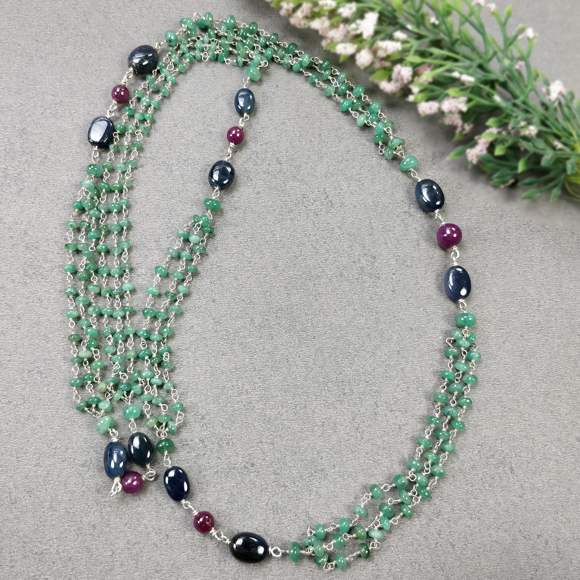 Natural Green Emerald & Sapphire Ruby Gemstone Beads Chain Necklace - 925 Sterling Silver Emerald Cabochon Statement Jewelry for Women | Perfect for Weddings, Parties & Special Occasions