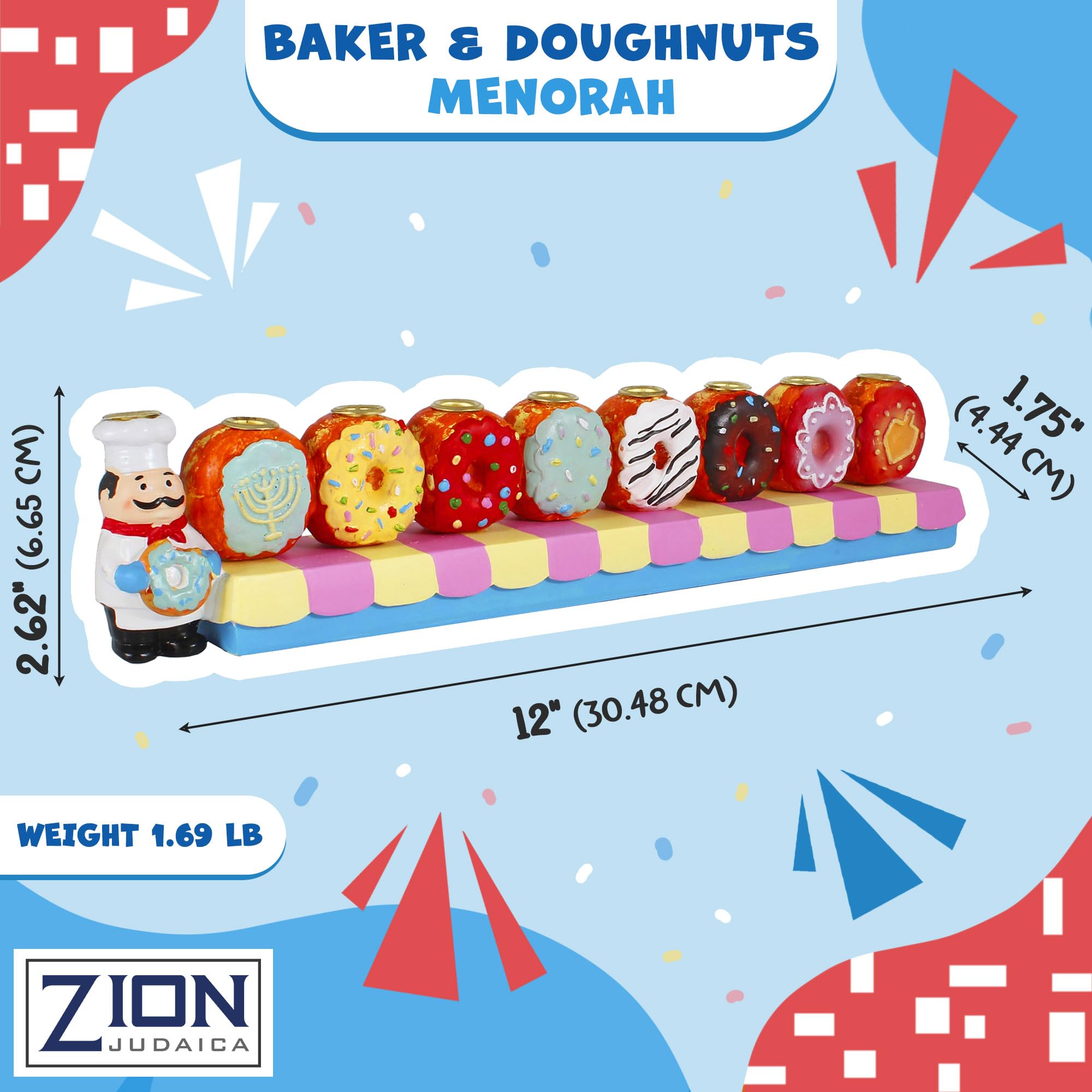 Hand-Painted Baker & Doughnuts Children's Candle Menorah - Traditional Chanukah Sofganiyot Design Fits Standard Hanukkah Candles - Collectible Hanukkiyah by Zion Judaica - Perfect for Kids' Hanukkah Celebrations & Jewish Holiday Decor