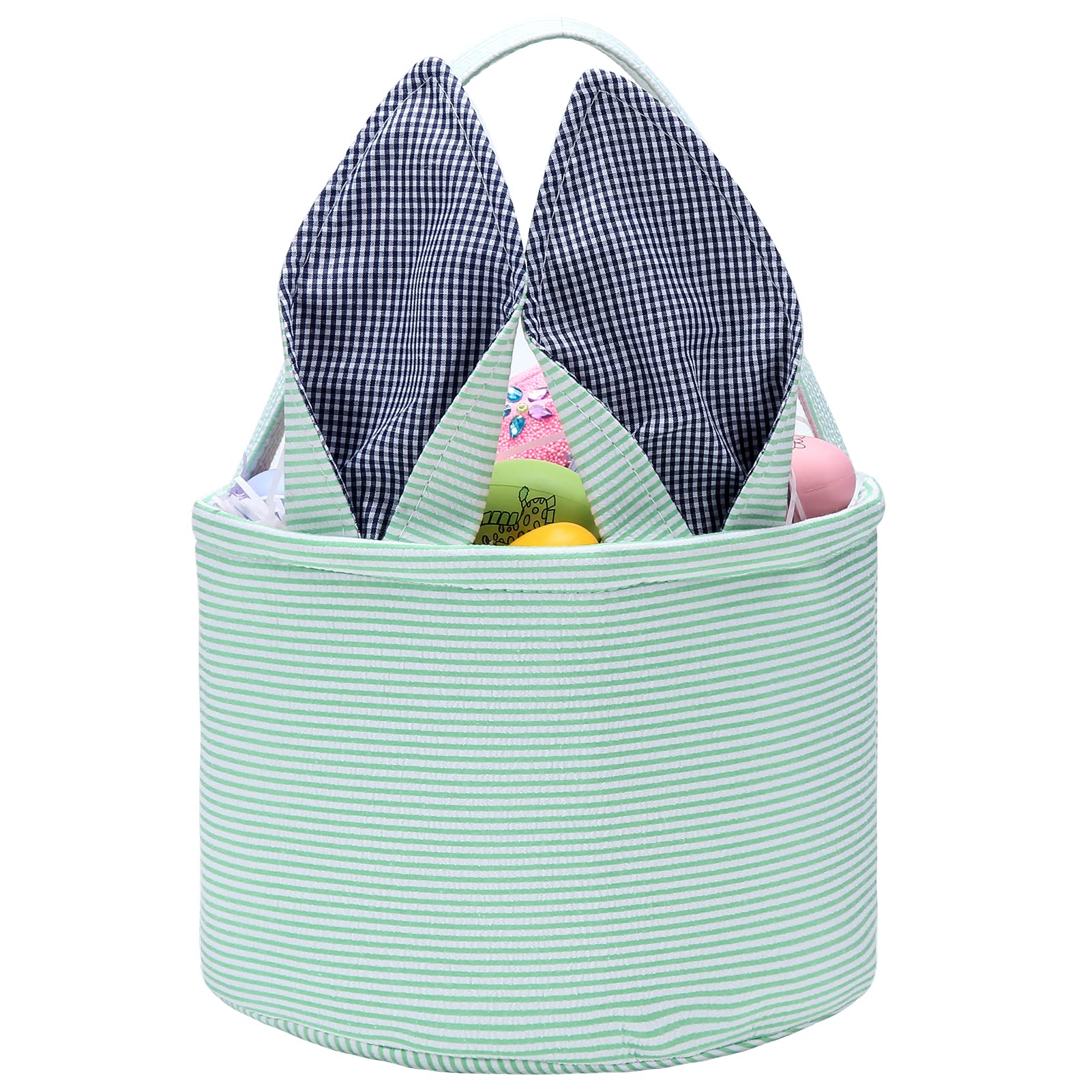 Personalized Easter Bunny Basket - Seersucker Egg Bags for Kids with Fluffy Tail, Green Rabbit Print Candy Bucket | Easter Gift Bags for Egg Hunts, Party Favors & Spring Celebrations