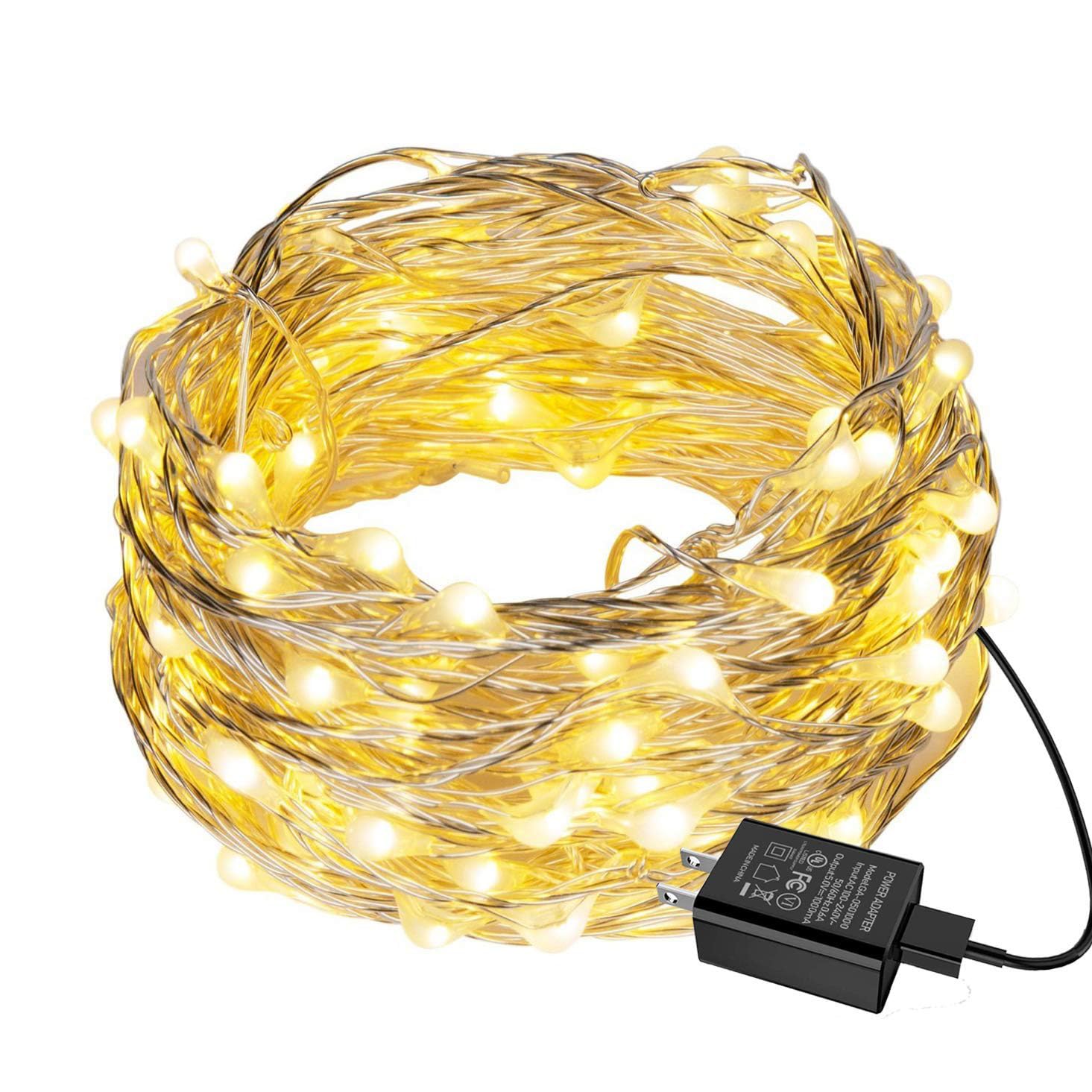 100LED 33ft Waterproof Fairy String Lights with UL Power Adapter - Warm White Plug-in Decorative Lights for Bedroom, Home, Garden, Wedding & Party Decor | Indoor & Outdoor Use