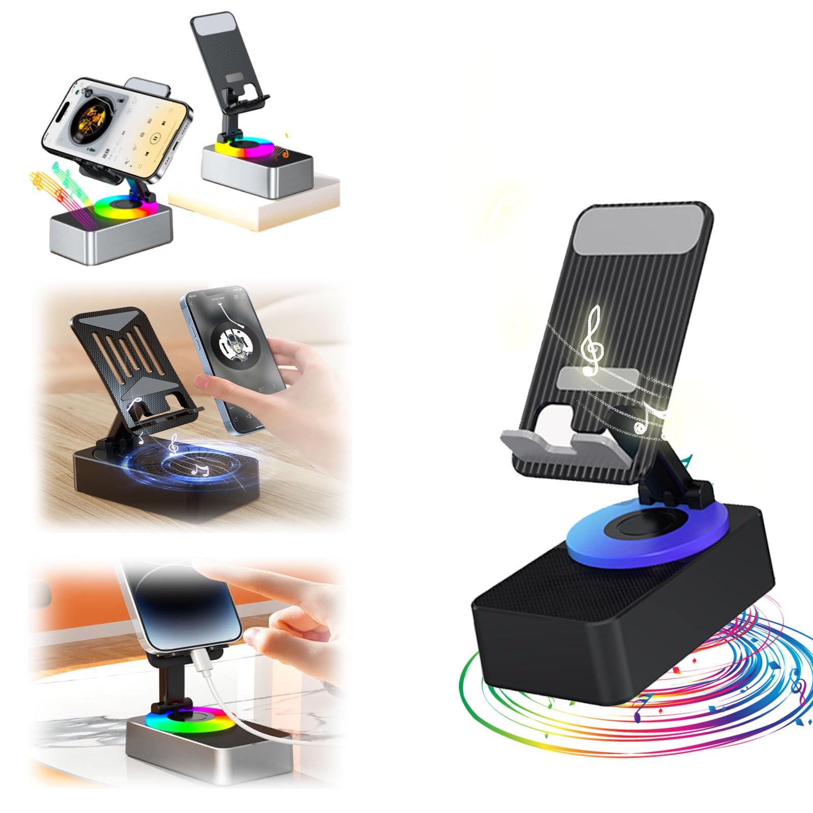 Bluetooth Audio Power Phone Holder - Wireless Speaker & 3-in-1 Foldable Stand for iPhone & Android (Black) | Perfect for Home, Office & Car Use