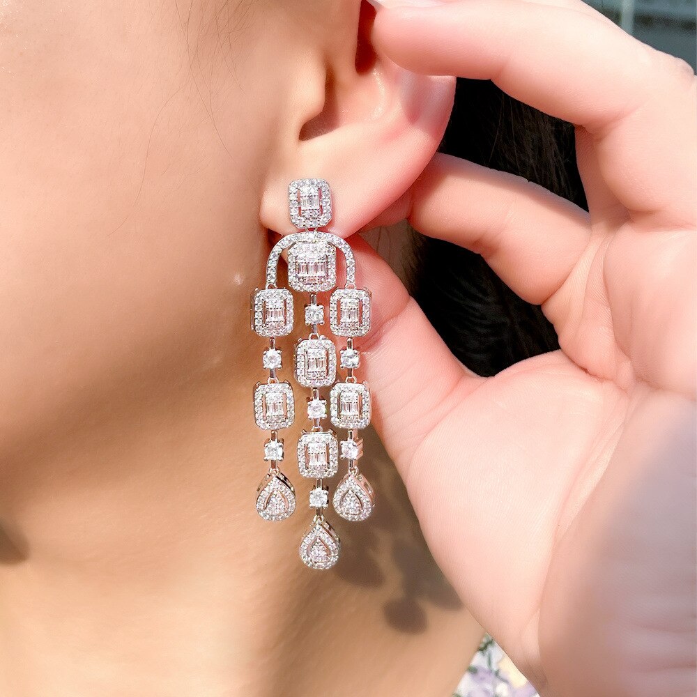 Sparkling Clear Tassel Cubic Zirconia CZ Square Dangle Earrings for Women - Elegant Wedding Jewelry & Dinner Party Accessories - Perfect for Bridal, Prom, and Special Occasions