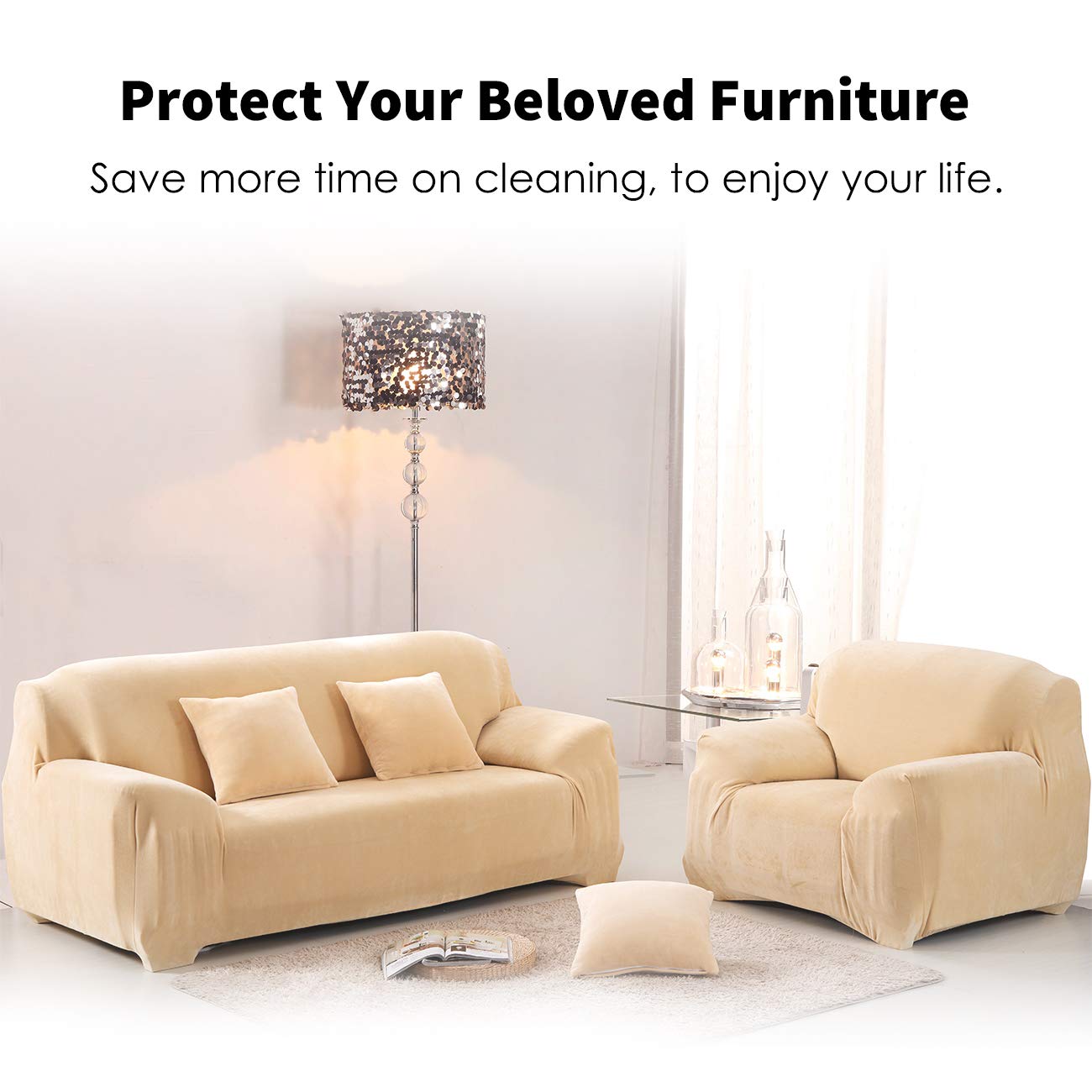 Elastic Sofa Covers for 3 Seater Couches - Velvet Stretchable Slipcovers in Cream | Thick Protective Sofa Cover for Living Room, Family Room & Home Decor