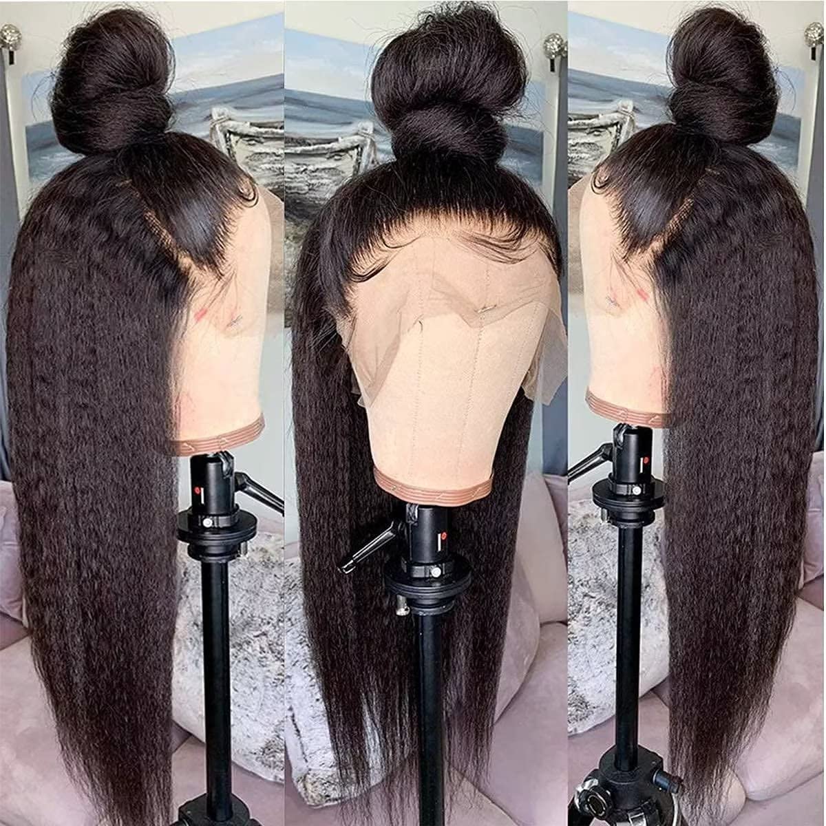 13x4 HD Lace Front Wigs Human Hair - Yaki Straight 16 Inch Lace Frontal Wigs for Black Women | Natural Kinky Straight Human Hair Wig for Daily Wear, Parties & Special Occasions