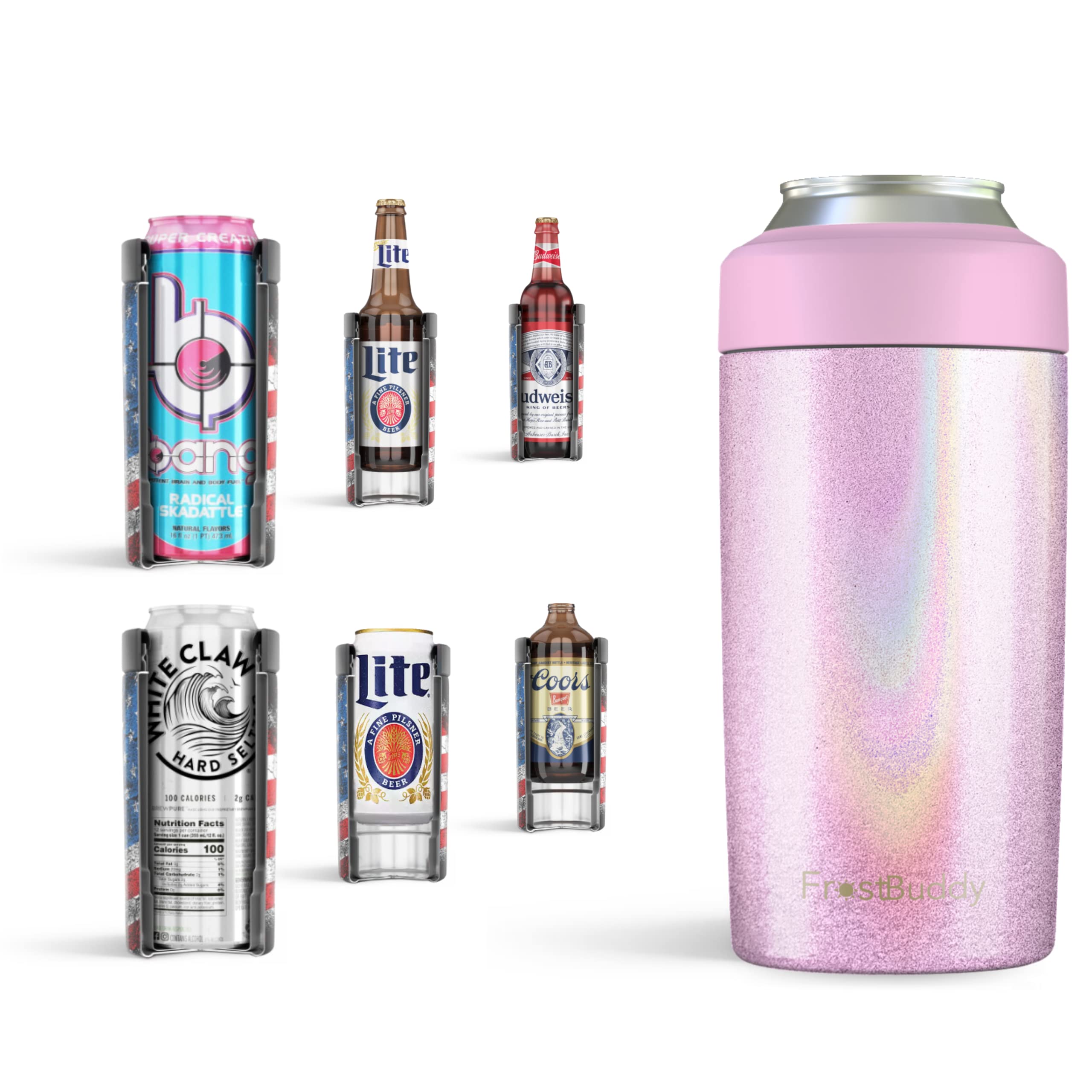 Frost Buddy Universal Stainless Steel Can Cooler - Fits 12 oz & 16 oz Regular/Slim Cans & Bottles - Perfect for Outdoor Adventures, Parties, and Everyday Use