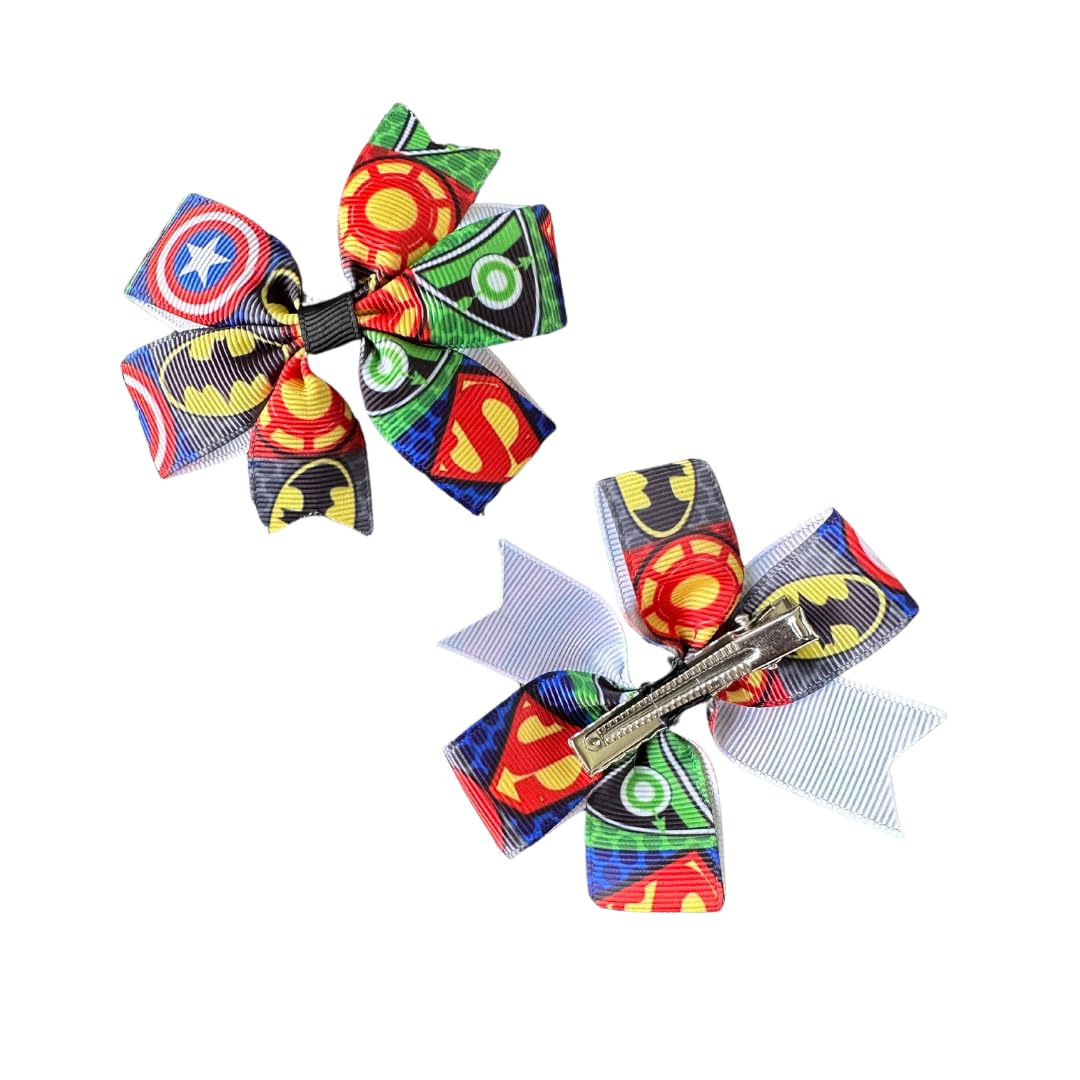 Super Hero Hair Bow Set - 2 Pack Birthday & Cosplay Accessories for Kids - Perfect for Halloween, Dress Up & Super Hero Themed Parties