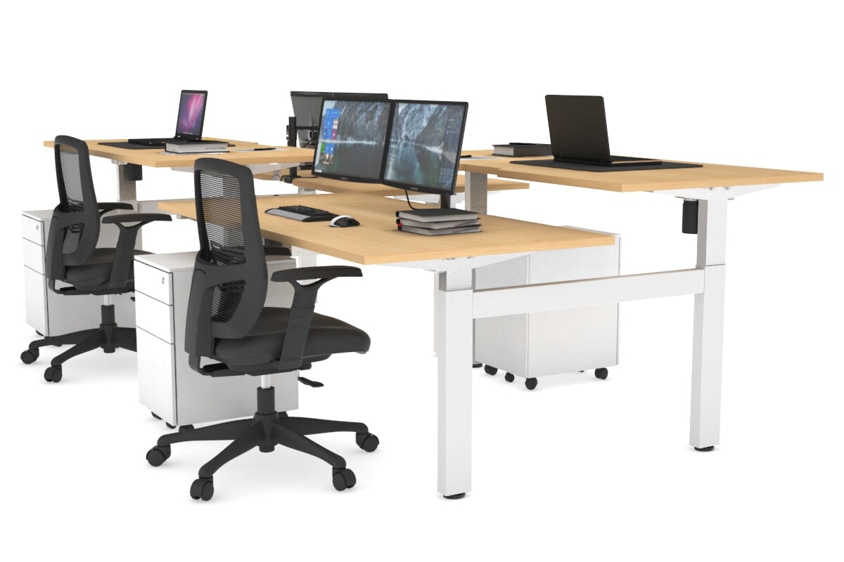 Adjustable 4-Person H Bench Workstation - White Frame (1400L x 800W) | Ergonomic Office Desk for Team Collaboration & Workspace Efficiency