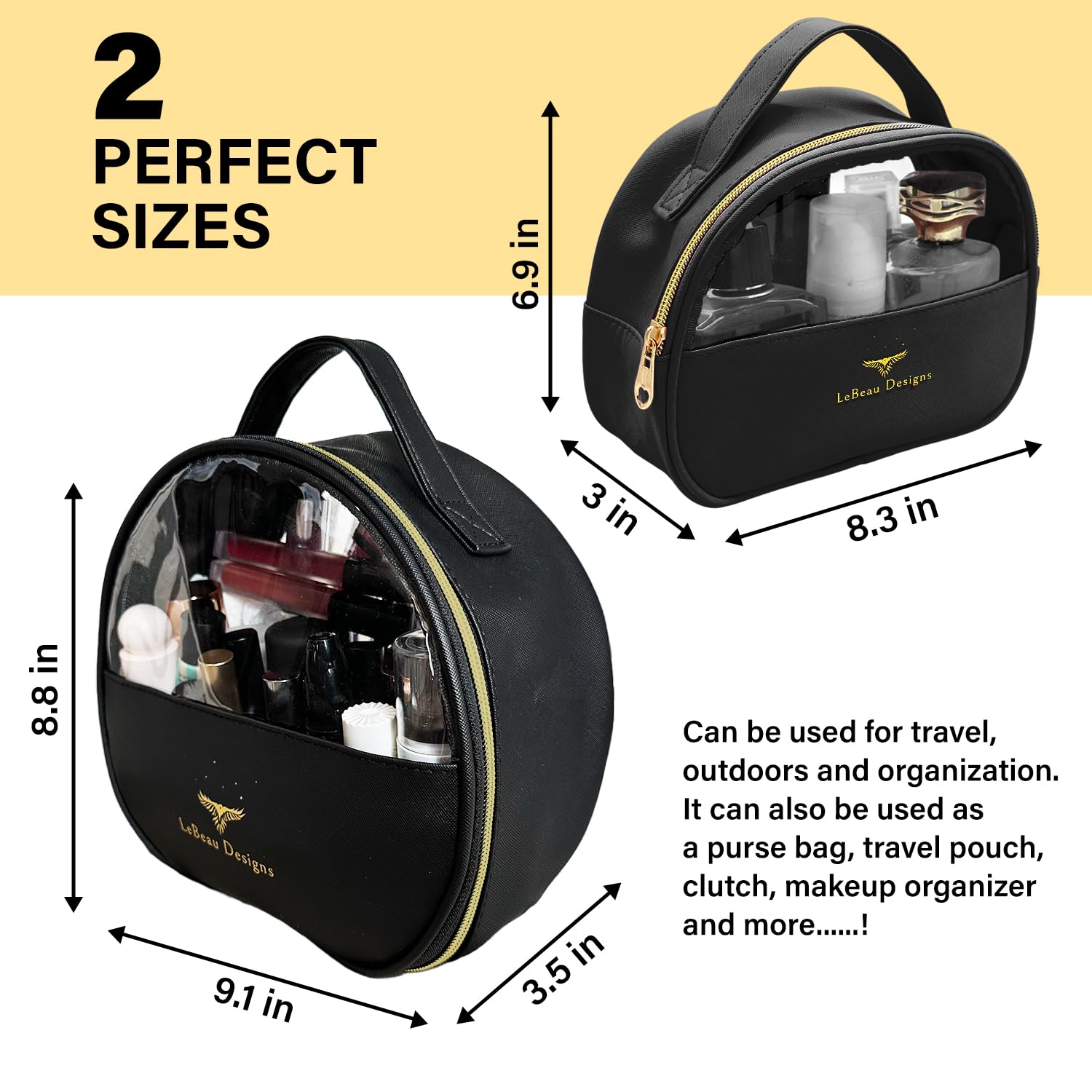 2-Pack Waterproof PU Leather Makeup Travel Bag for Women - Clear Toiletry Organizer with Multiple Compartments & Layered Storage | Perfect for Cosmetic, Skincare & Travel Essentials (Black)