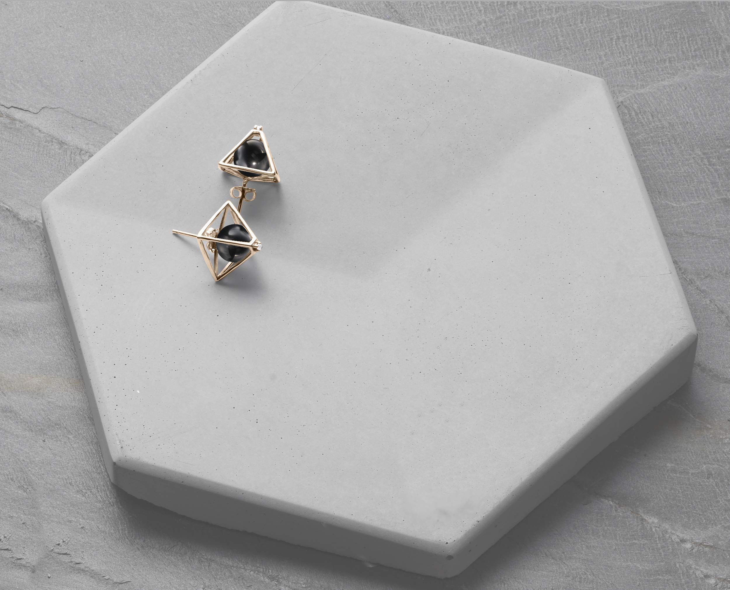 Majade Black Tourmaline Earrings - 14K Yellow Gold Pyramid Stud Earrings with Diamond Accents | Handmade Geometric Triangle Jewelry | Perfect for Gift, Wedding & Everyday Elegance