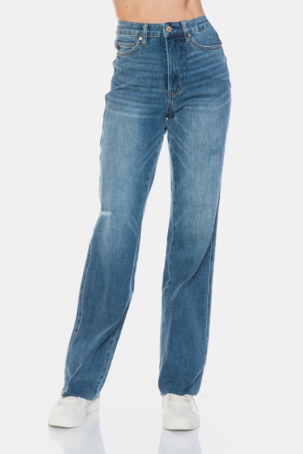 Judy Blue Women's High Waisted Tummy Control Straight Leg Jeans with Raw Hem - Comfortable Stretch Denim for Everyday Wear, Work & Casual Outings