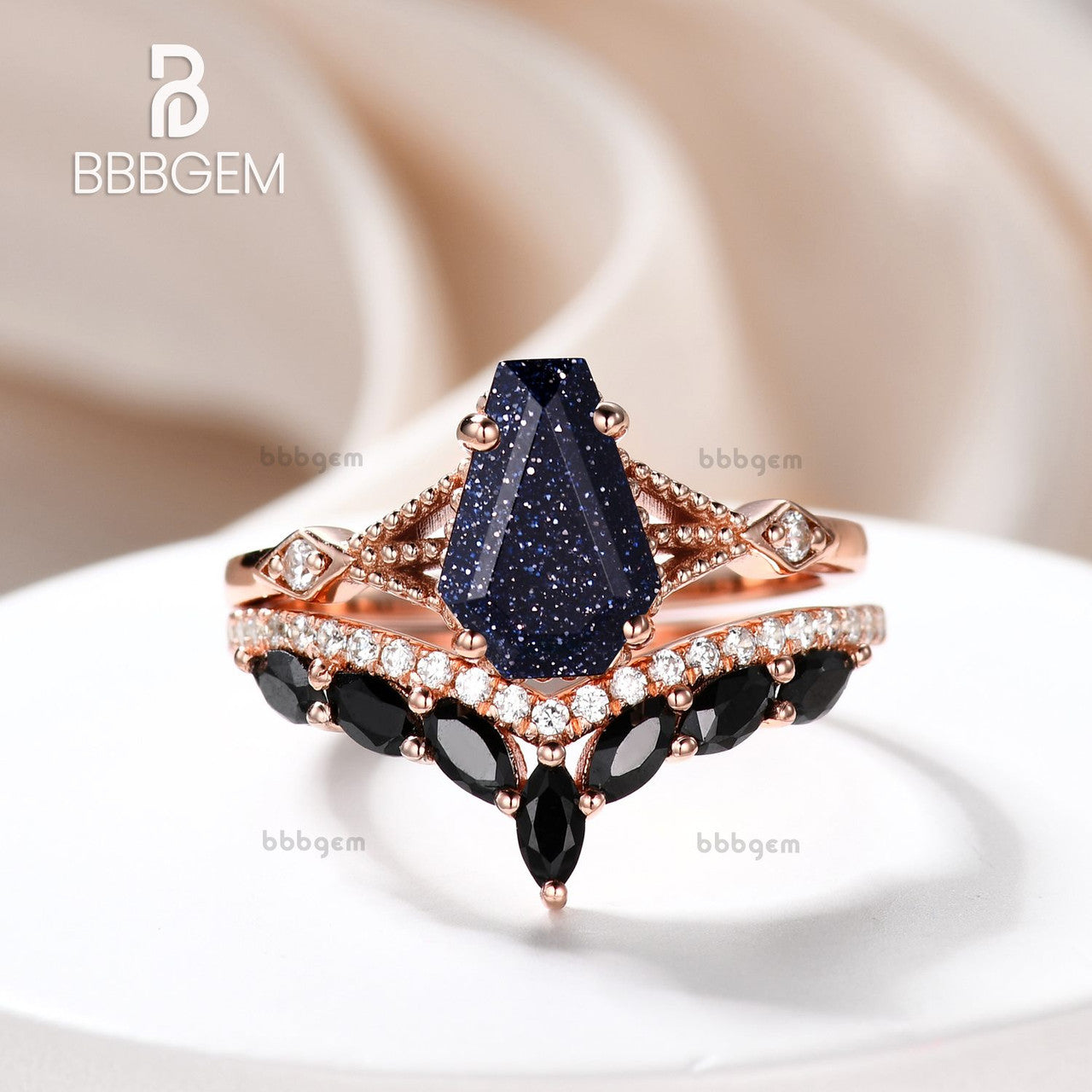 Gothic Skull Coffin Ring Set - Blue Goldstone Engagement Ring & Black Spinel Wedding Band for Alternative Couples, Dark Romance Jewelry Gift for Halloween, Vampire Themed Weddings