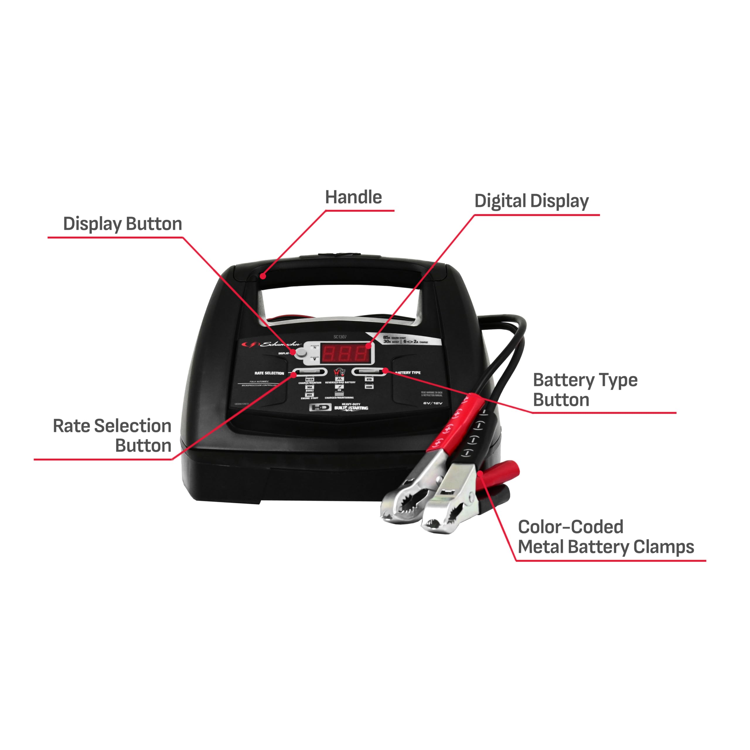 Schumacher SC1307 6-in-1 Fully Automatic Battery Charger & Engine Starter - 85A Cranking Power, 30A Boost Mode - Car, Truck, Motorcycle & Marine Battery Charger - Ideal for Emergency Jump Starts & Winter Vehicle Maintenance