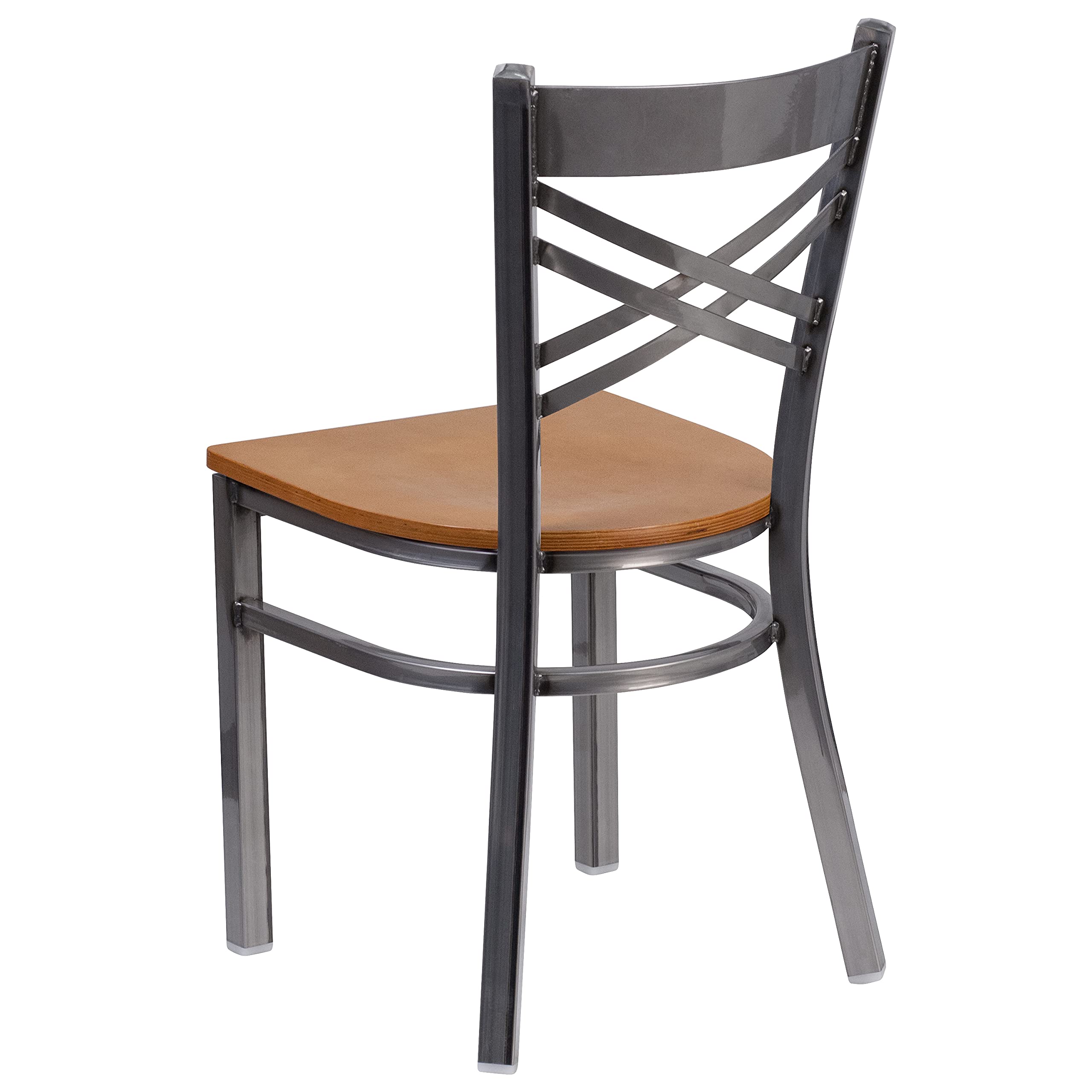 EMMA + OLIVER Clear Coated X Back Metal Restaurant Chair with Natural Wood Seat - Durable Commercial Dining Furniture for Cafes, Bistros & Home Kitchens