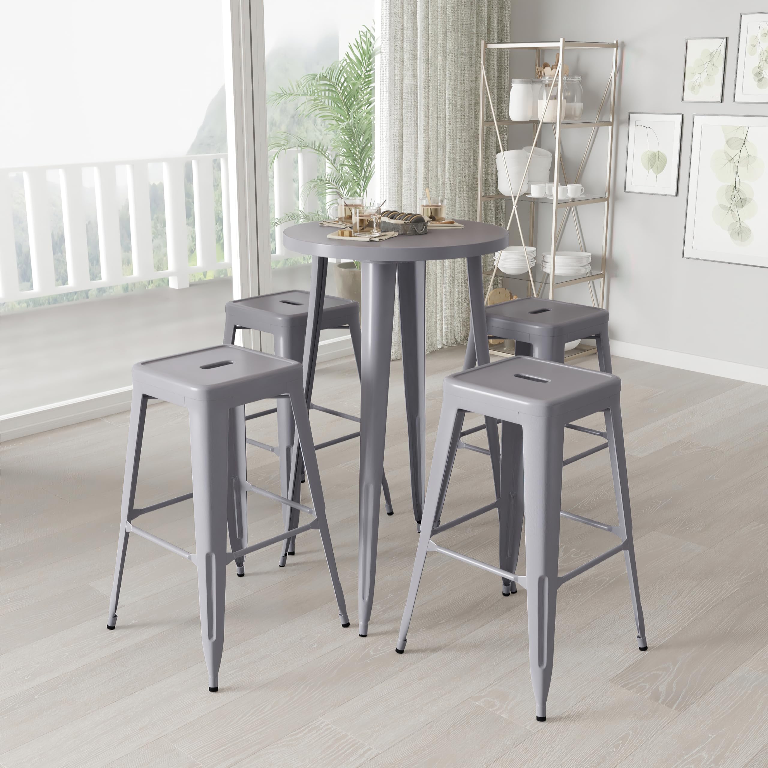 Merrick Lane Giosetta 5-Piece Bar Table Set - Silver Powder-Coated Metal Frame with 24
