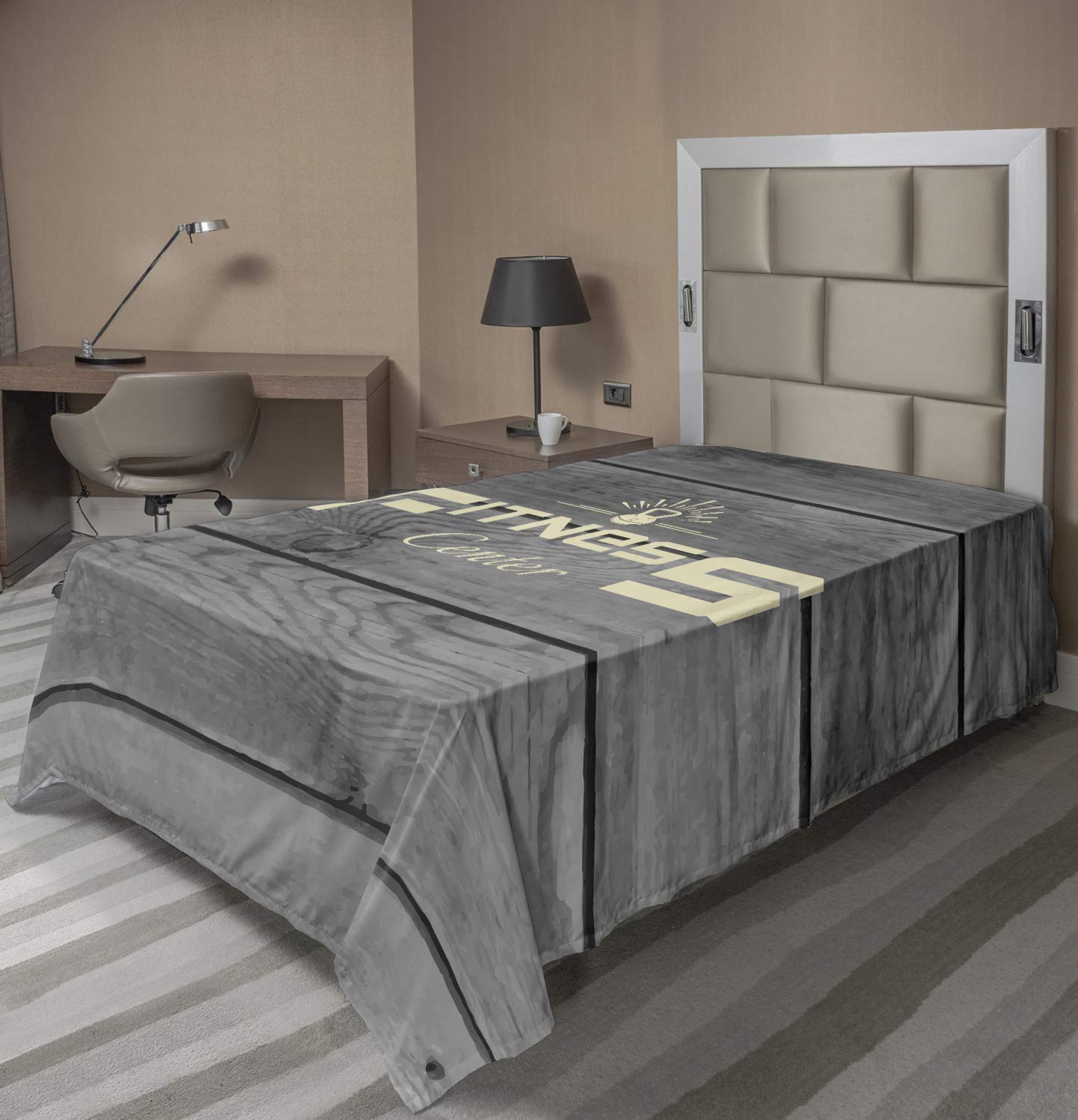 Ambesonne Fitness Flat Sheet - Soft Comfortable Twin XL Top Sheet with Aerobics Energy Training Print, Pale Yellow Black Grey - Perfect for Gym Enthusiasts & Home Workout Spaces