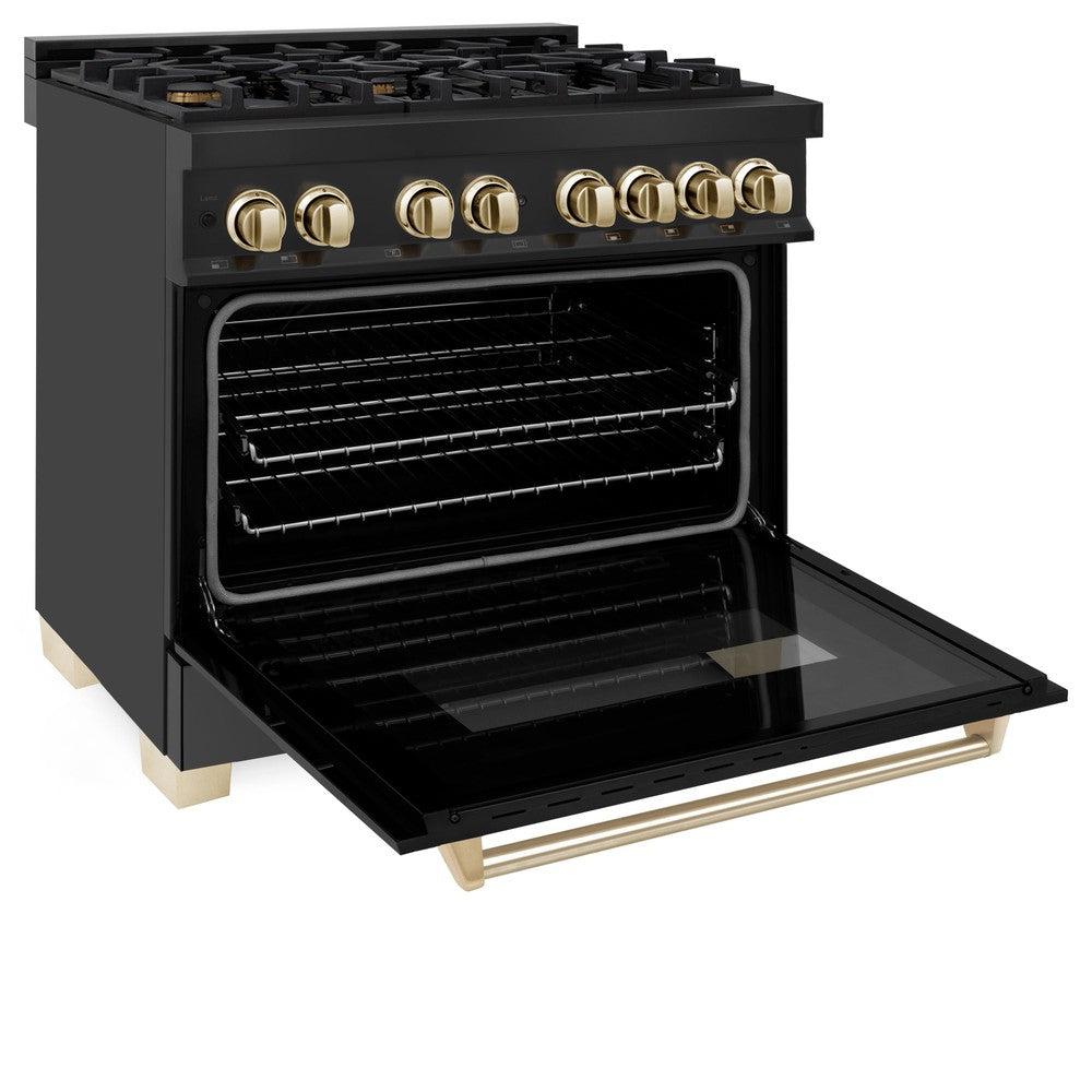 ZLINE RABZ 36 G 36-Inch Dual Fuel Range - 4.6 cu. ft. Black Stainless Steel with Gold Accents - 6 Burner Gas Cooktop & Electric Convection Oven - Professional Kitchen Appliance for Home Chefs & Cooking Enthusiasts