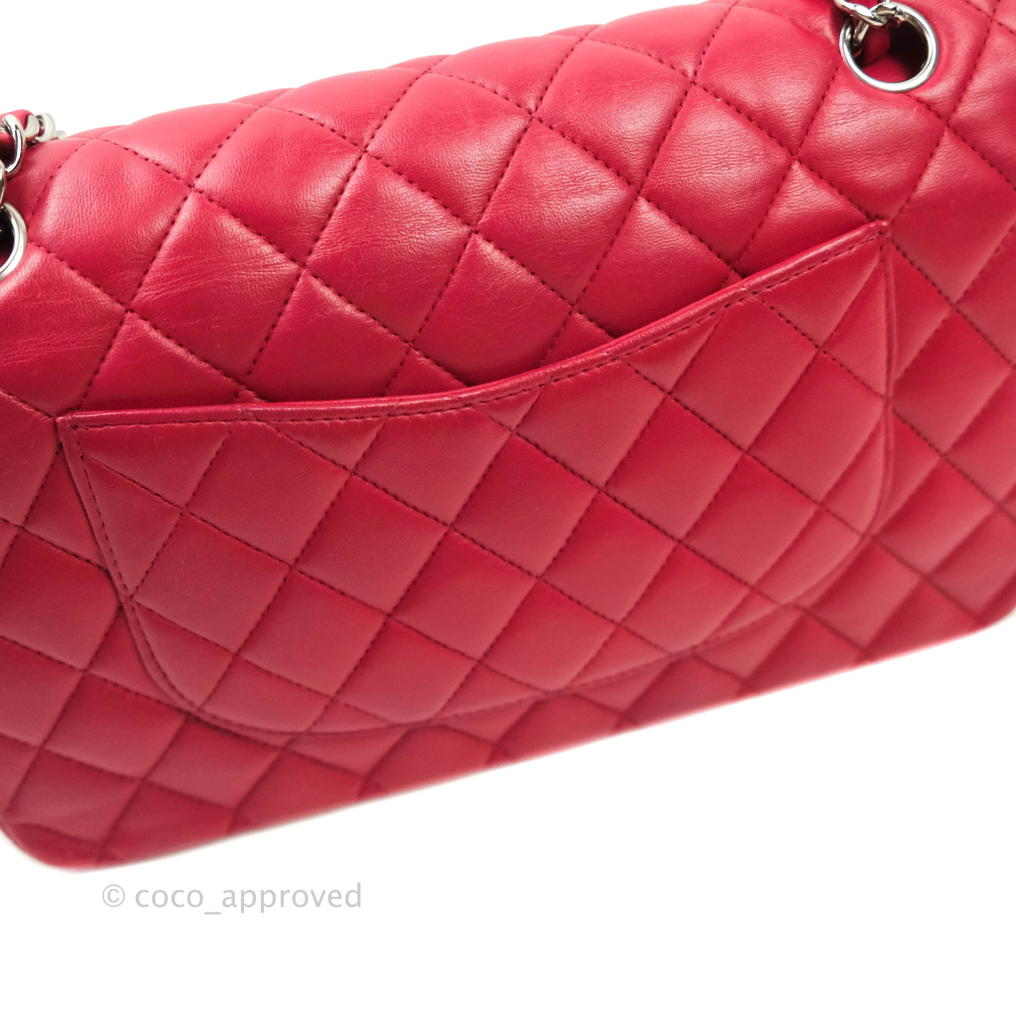 Chanel Classic Medium Double Flap Bag - Red Lambskin Leather with Silver Hardware | Luxury Handbag for Women, Perfect for Parties & Evening Events