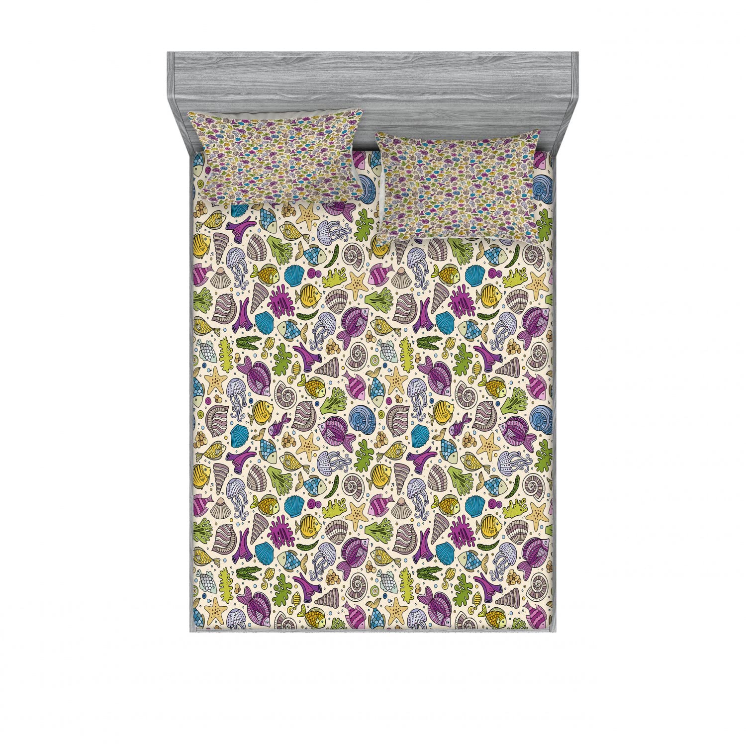Ambesonne 2-Pack Queen Size Fitted Sheet & Pillow Sham Set - Ocean Creatures Shells Design, 4-Piece Bedding Set (2 Fitted Sheets + 4 Pillow Covers) | Vibrant Multicolor Marine Theme | Perfect for Kids' Rooms, Beach House Decor & Underwater Themed Bedrooms