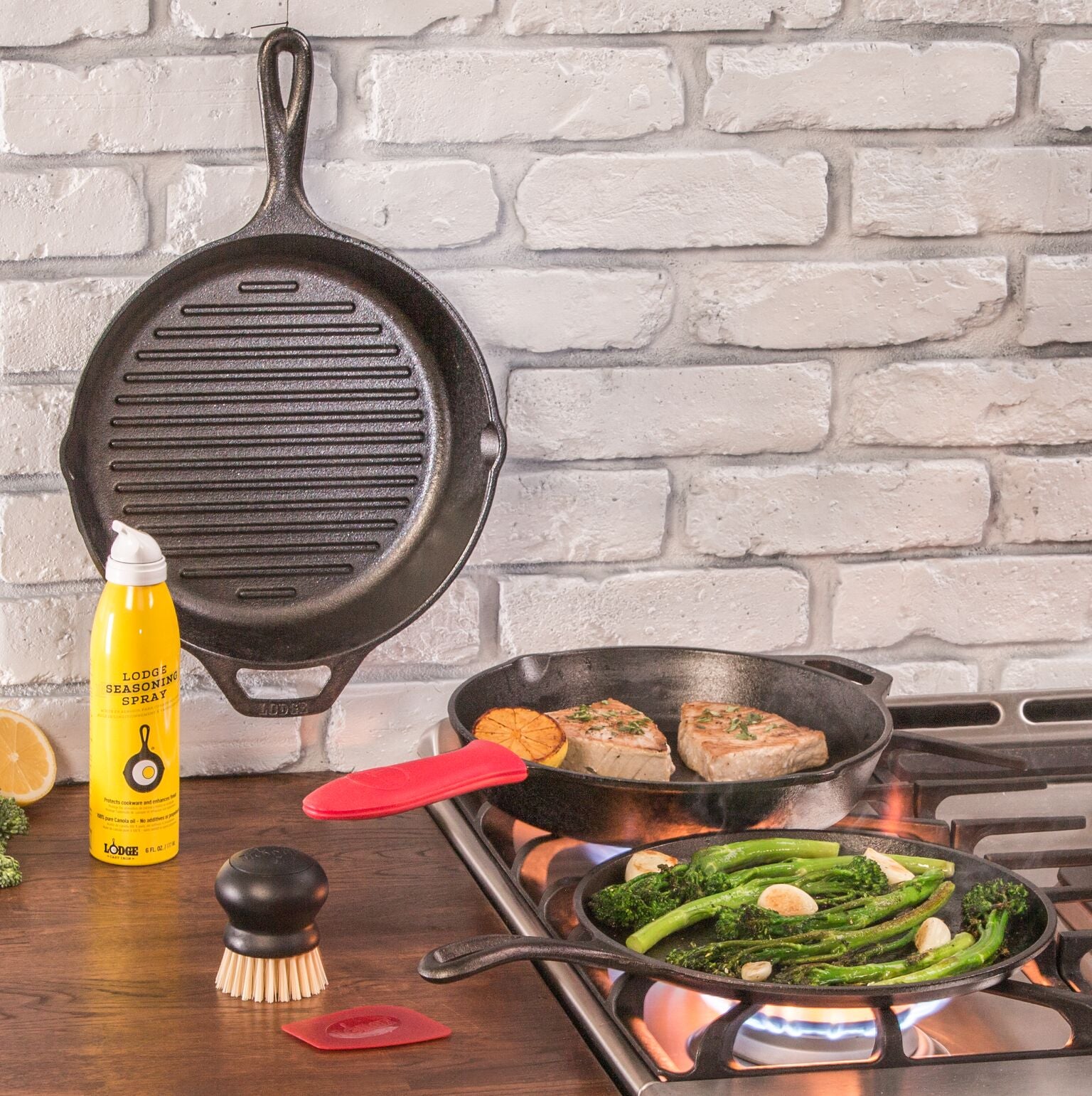 Lodge Cast Iron 7-Piece Gourmet Cookware Set - Pre-Seasoned Cast Iron Skillet, Dutch Oven & More - Free Shipping - Perfect for Camping, Outdoor Cooking & Home Kitchen Use