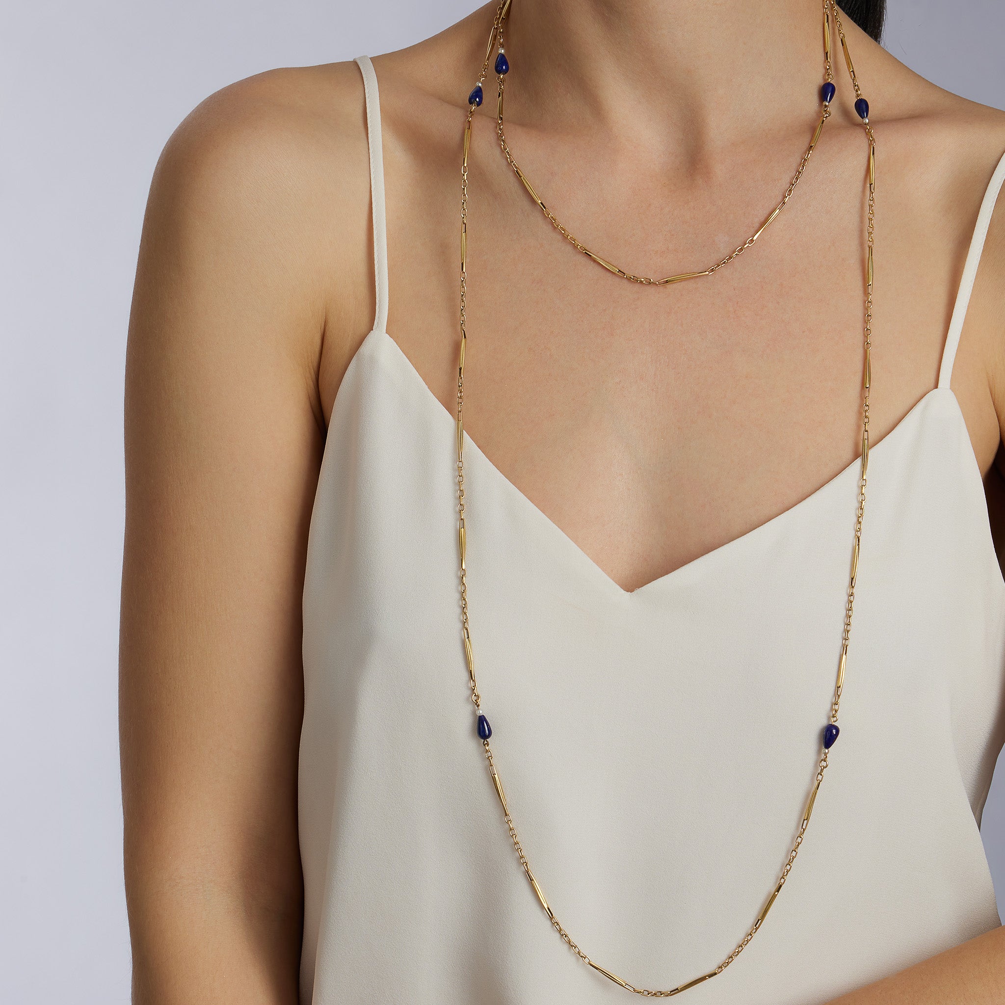 18K Gold Lapis Lazuli Long Chain Necklace for Women - Elegant French Jewelry Gift for Birthday, Anniversary & Special Occasions