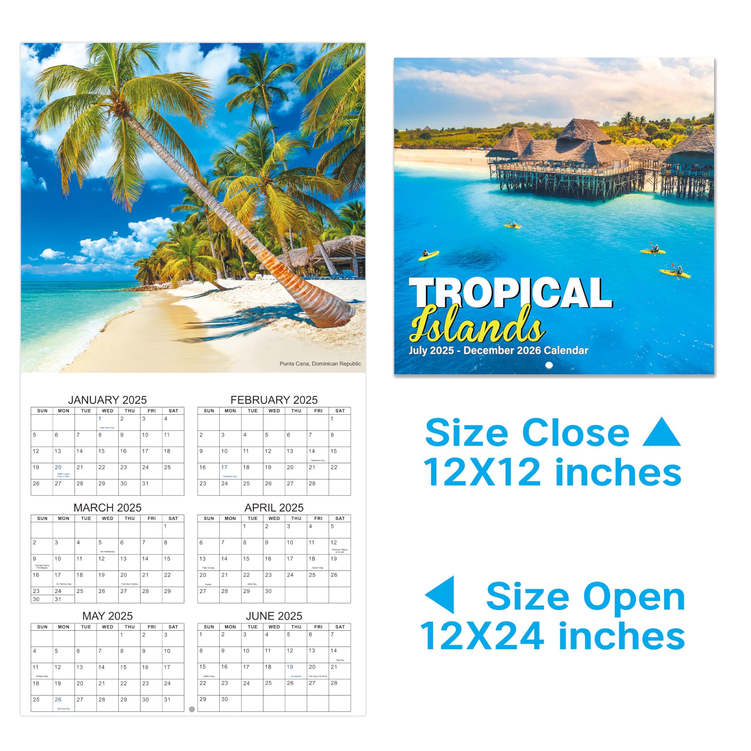 2025-2026 Wall Calendar - 18 Month Planner from July 2025 to December 2026 | 12x24 Inch Open Size | Large Daily Blocks & Holiday Tabs | Beautiful Island Scenery | Perfect for Home, Office & School Organization