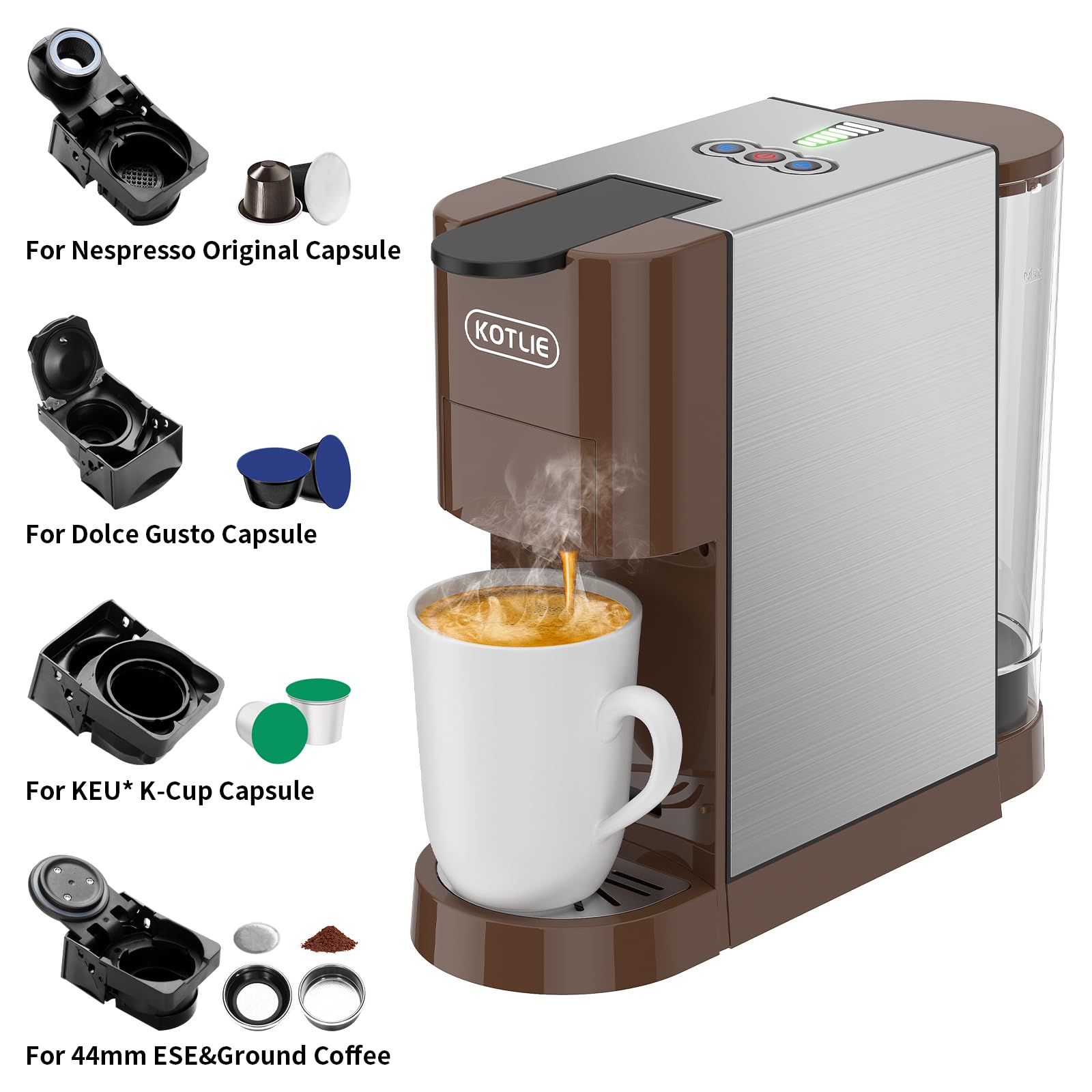 KOTLIE 5-in-1 Espresso Machine with 19Bar Pressure - Compatible with NES* Original, Dolce Gusto, K-Cup, Ground Coffee & illy 44mm ESE Pods | Hot & Cold Brew Coffee Maker with 7 Water Levels (AC-513HF) | Perfect for Home, Office & Small Cafes