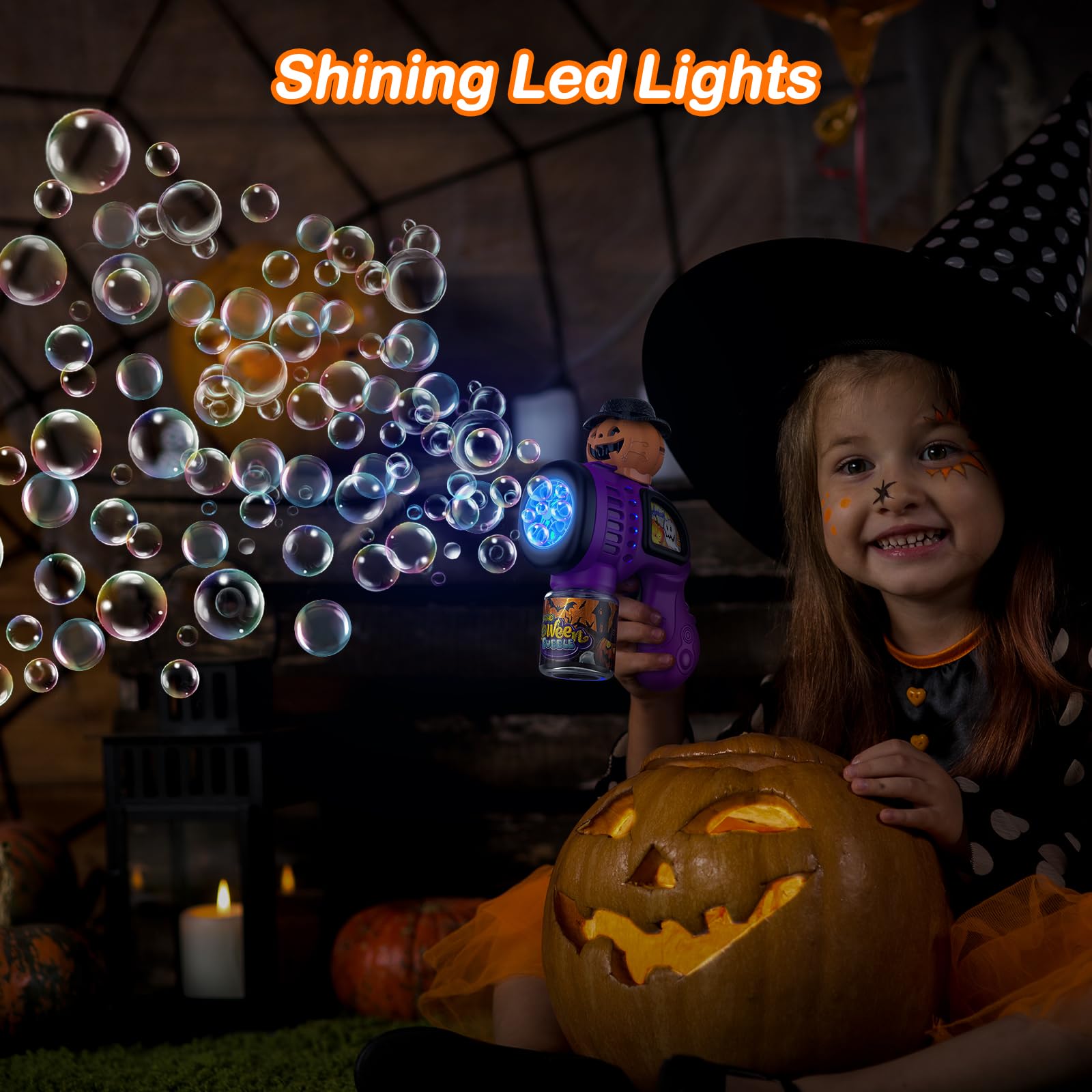Fansteck Halloween Bubble Gun for Kids - 10 Hole Pumpkin Bubble Blower with LED Lights, Automatic Bubble Machine Toy for Toddlers | Perfect for Halloween Parties, Outdoor Play, Birthday Favors & Backyard Fun