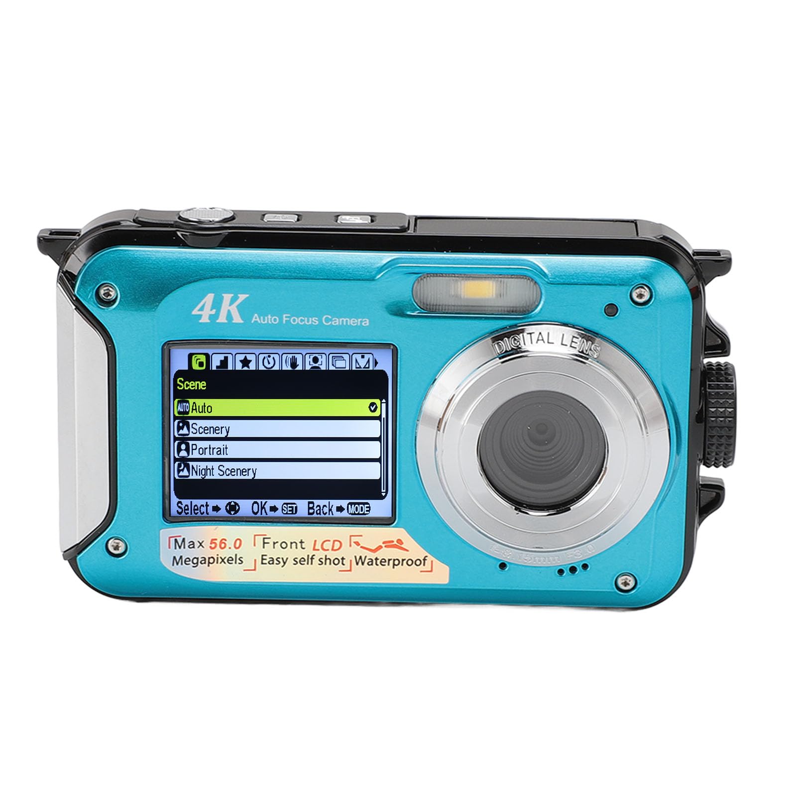 4K 56MP Waterproof Underwater Camera with Dual Screen - 10ft Depth Rating, Continuous Recording While Charging - Perfect for Snorkeling, Diving & Beach Adventures (Blue)
