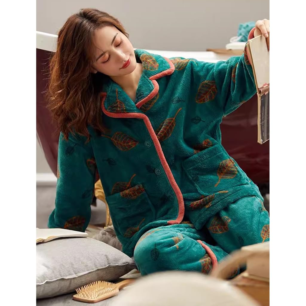 Women's Christmas Pajama Set with Plush Fleece Robe - Soft Long Sleepwear Nightgown for Women (Green, Size L) | Cozy Holiday Loungewear for Winter Nights & Gift Giving