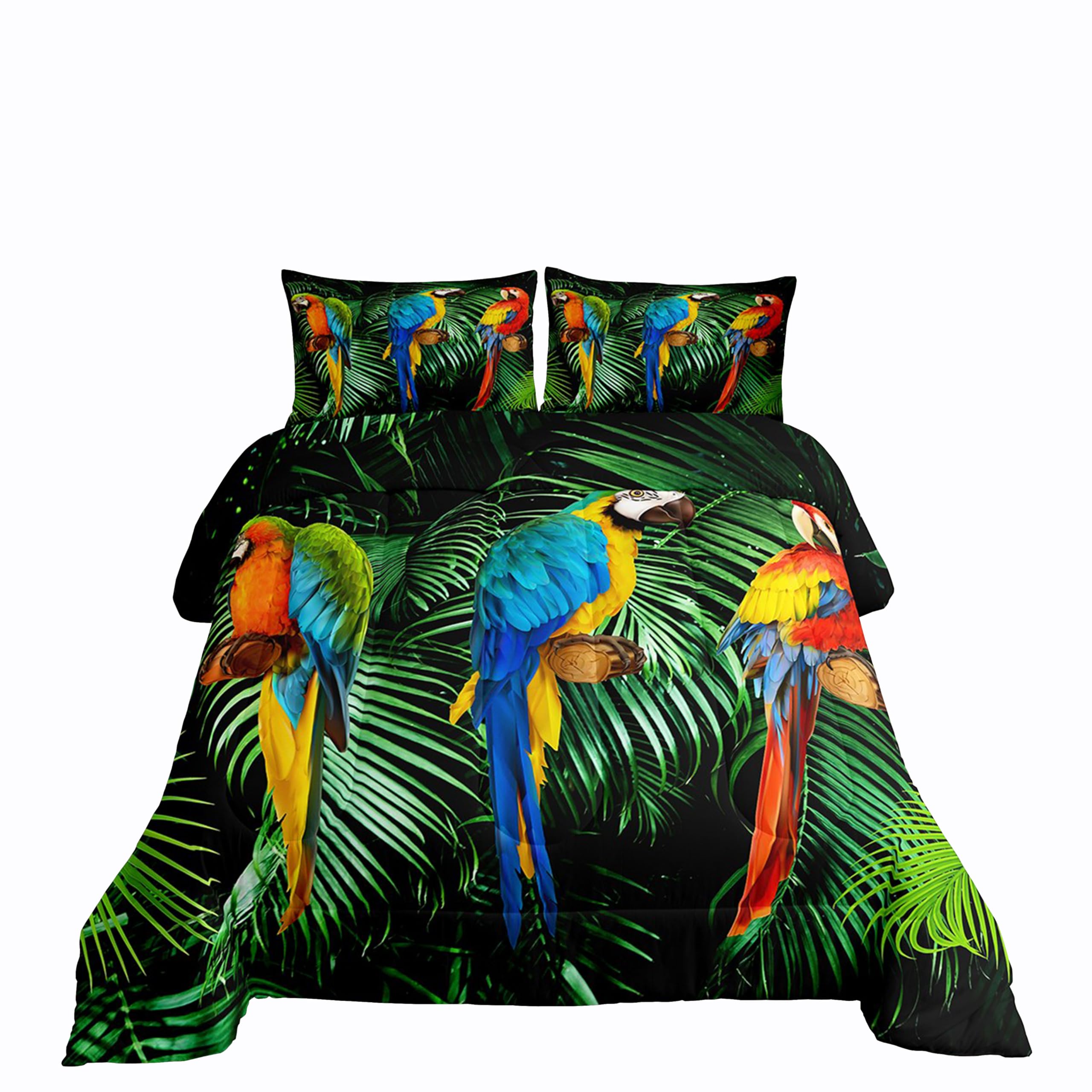 Parrot Bedding Queen Size Set - Watercolor Animal Feather Down Comforter with Palm Leaf Design | Modern Tropical Birds & Plants Bedroom Decor for Kids, Teens & Adults (3-Piece Comforter Set) - Perfect for Coastal, Boho or Jungle Themed Bedrooms