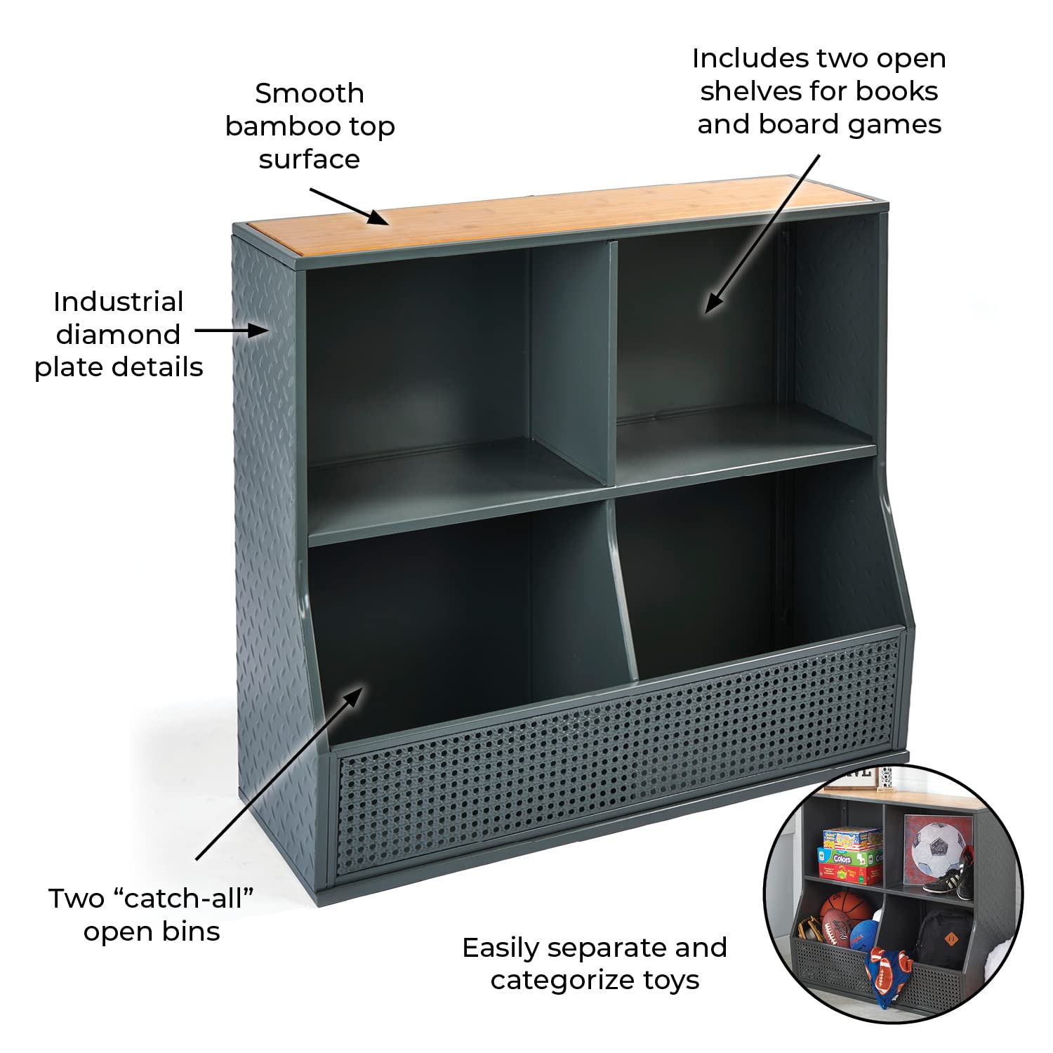 Badger Basket 6-Bin Metal & Bamboo Toy Storage Organizer - Charcoal/Natural - Perfect for Kids' Room, Playroom & Nursery Organization