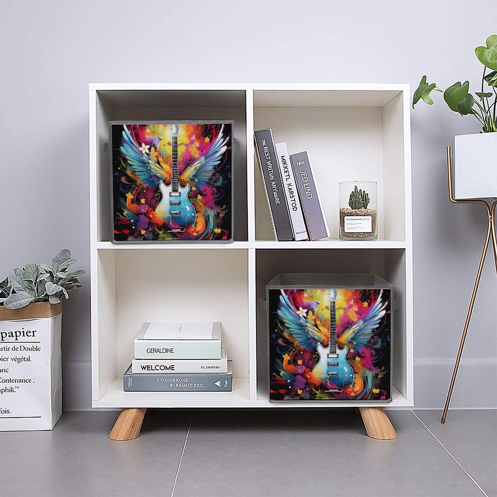 6-Pack Foldable Square Storage Bins with Handles - Watercolor Guitar & Wings Design Fabric Storage Cubes & Organizers | Perfect for Closet, Nursery, Office & Home Organization