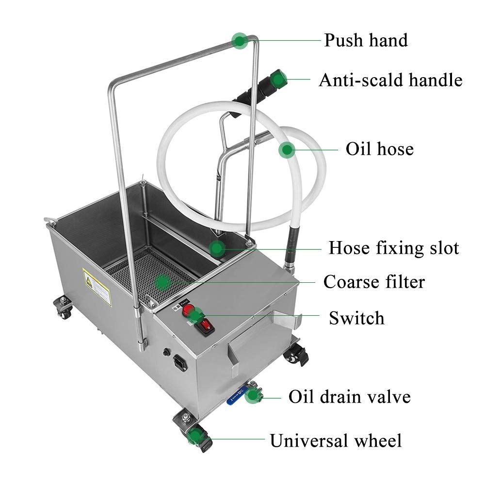 JIAWANSHUN 70LB/10.5 Gallon Commercial Fryer Oil Filtration System - 300W Electric Oil Filter Machine with 120-180℃ Temperature Control for Restaurants & Food Trucks (110V) - Perfect for Deep Fryer Oil Recycling and Extended Oil Life