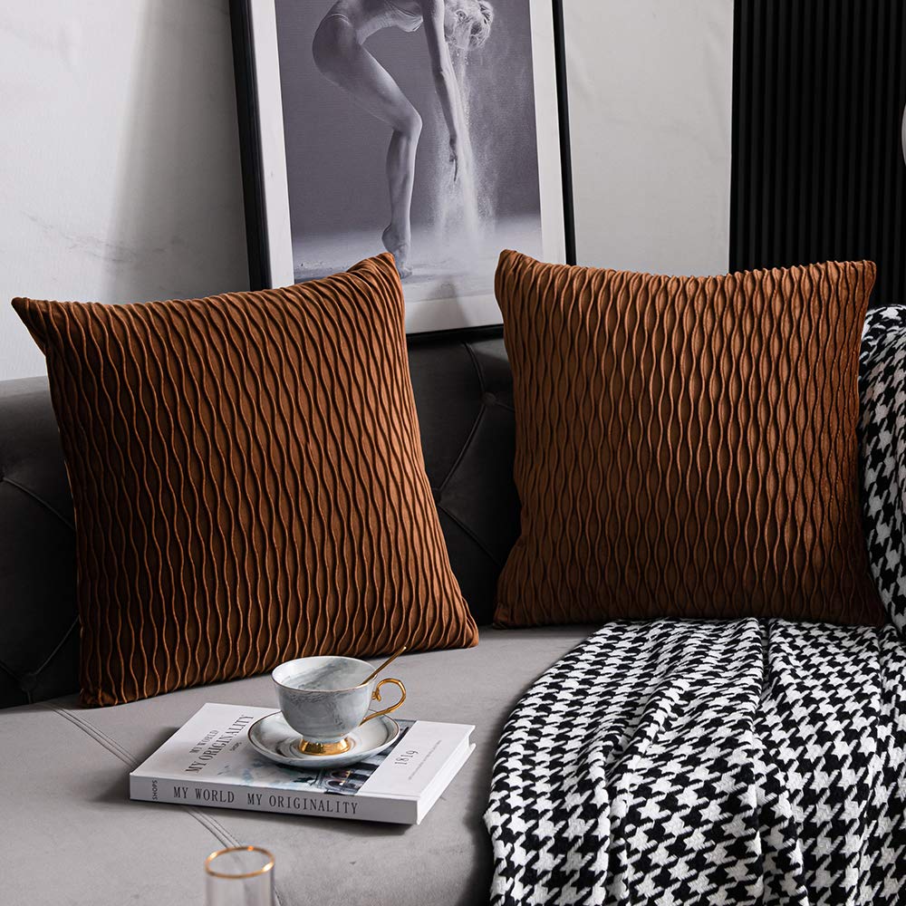 DEZENE Light Brown Throw Pillow Covers - 2 Pack 24x24 Inch Soft Velvet Square Cushion Cases with Classic Stripe Design for Farmhouse Sofa, Living Room Decor & Cozy Home Accents