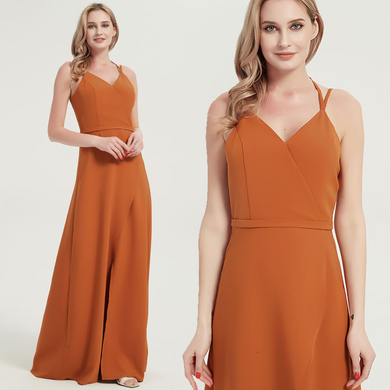 Elegant Burnt Orange V-Neck Long Bridesmaid Dress with Spaghetti Straps - Perfect for Weddings, Formal Events & Evening Parties