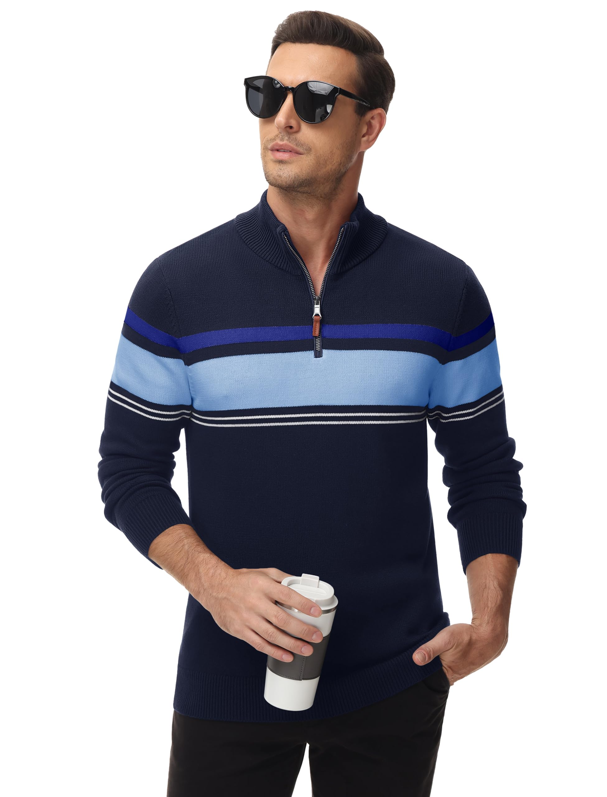 MAGCOMSEN Men's 1/4 Zip Cotton Sweater - Striped Pullover Polo Sweatshirt for Fall & Winter | Warm Casual Wear for Office, Outdoor & Daily Comfort