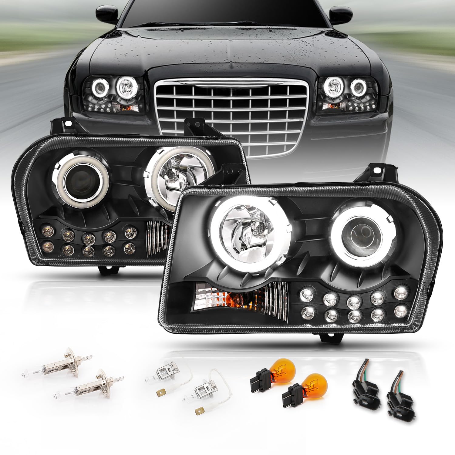 2005-2010 Chrysler 300 Black Replacement Headlight Assembly - Halogen Projector with Super Bright LED Halo & Bulbs (Pair) - Passenger & Driver Side - Improved Night Visibility & Style Upgrade for Daily Driving