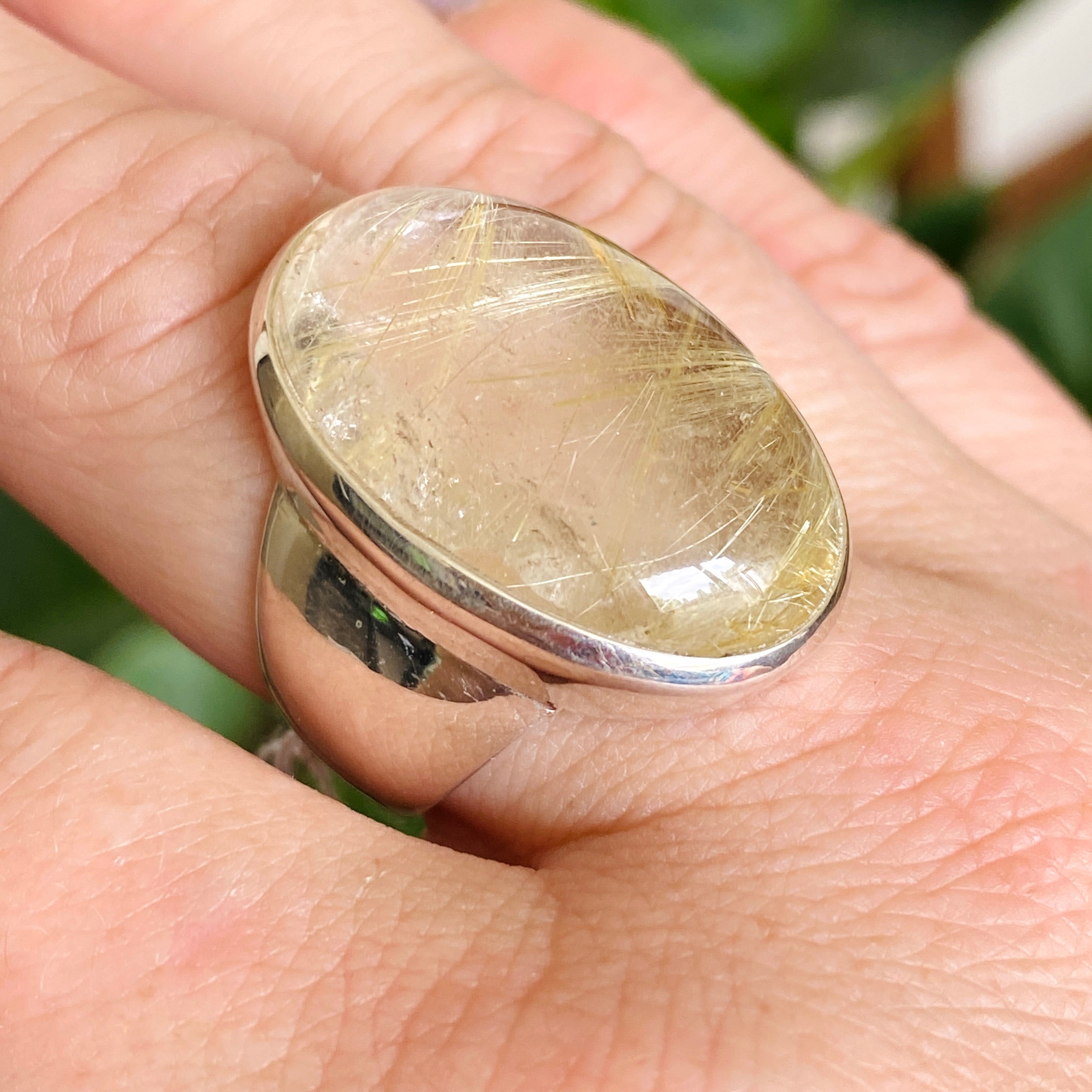 Rutilated Quartz Oval Cabochon Ring - Size 10 - 925 Sterling Silver - Handmade Boho Jewelry - Perfect for Meditation, Energy Healing & Spiritual Gifts