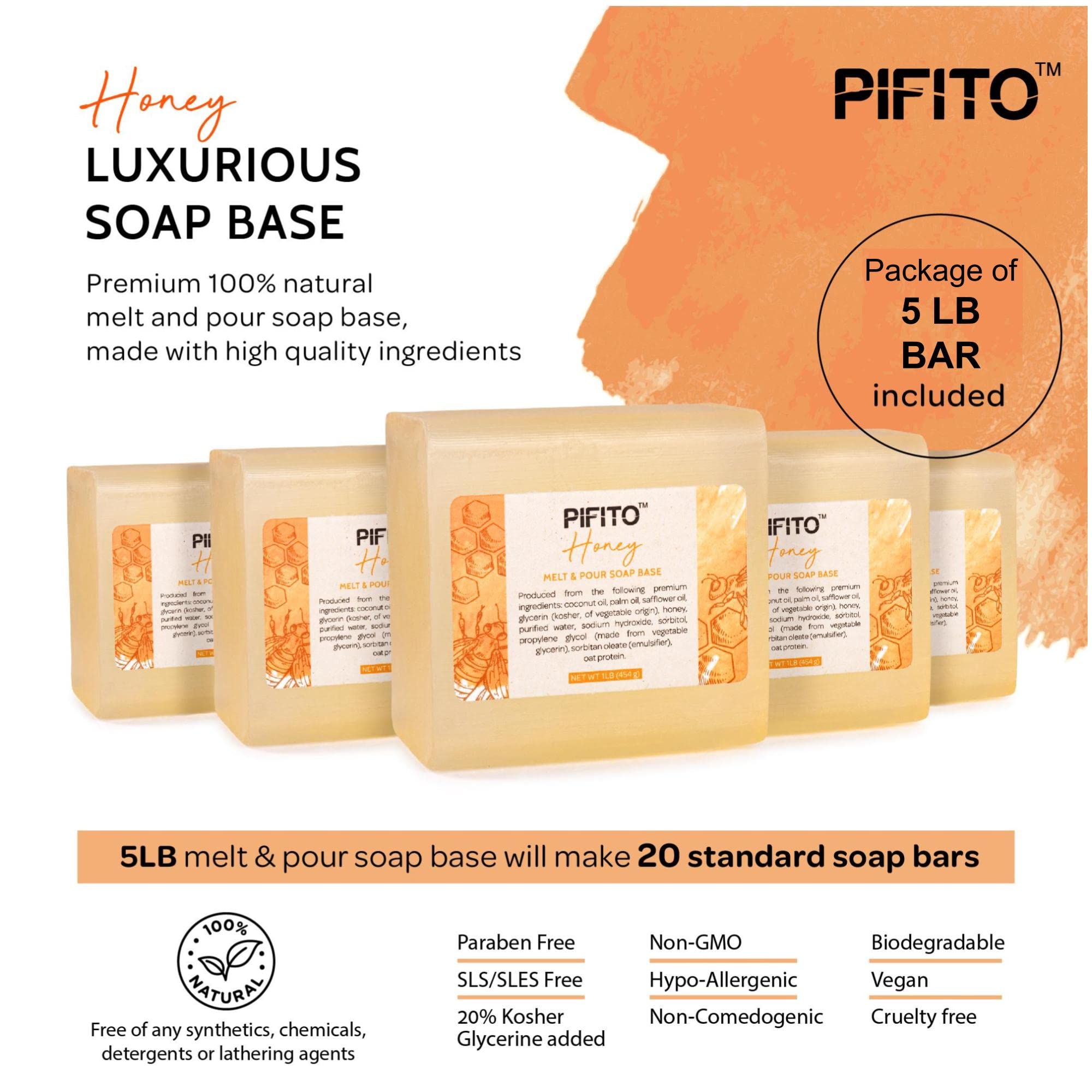 Pifito 5 lb Honey Melt and Pour Soap Base - 100% Natural Glycerin Soap for DIY Soap Making | Premium Bulk Soap Base for Handmade Luxurious Soaps, Shower & Gift Sets | Perfect for Home Spa, Crafting & Small Business