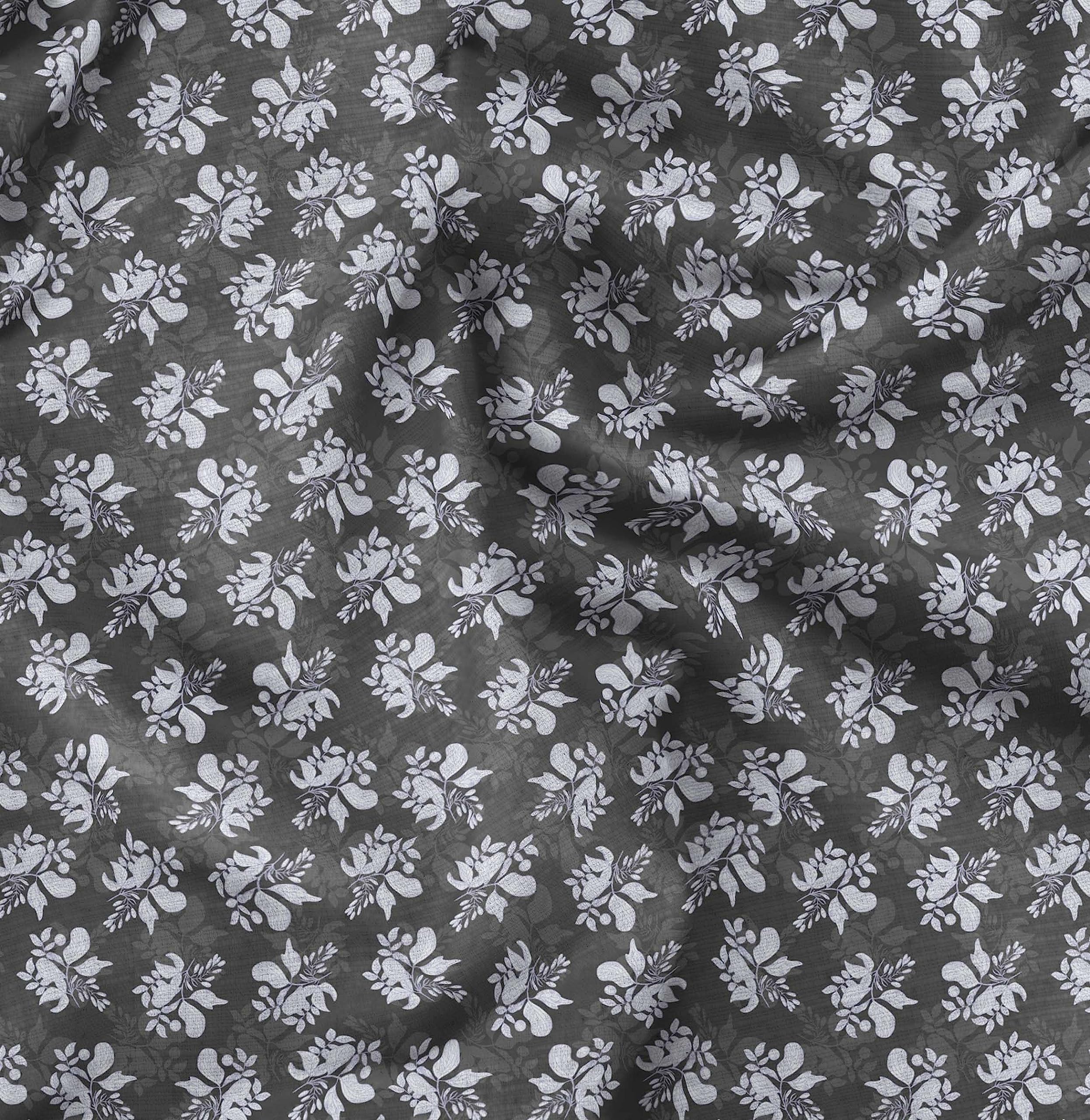 Soimoi Moss Georgette Gray Fabric by The Yard - 42 Inch Wide Printed Fabric with Artistic Leaf & Floral Design for DIY Fashion, Home Decor, and Craft Projects - Elegant Draping Material for Dresses, Curtains, and Scarf Making