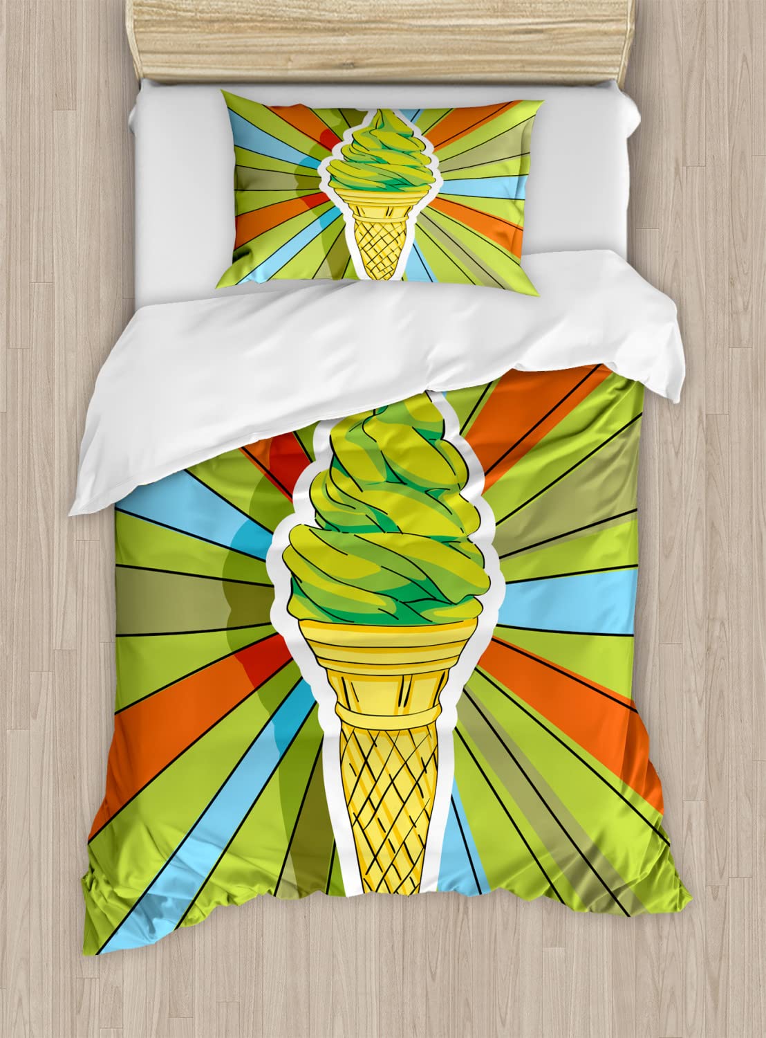Ambesonne Hand Drawn Ice Cream Cone Duvet Cover Set - Vibrant Lime Green & Multicolor Bedding with 2 Duvet Covers & 2 Pillowcases, Twin Size 2-Pack | Perfect for Kids' Rooms, Summer Decor & Ice Cream Themed Bedrooms