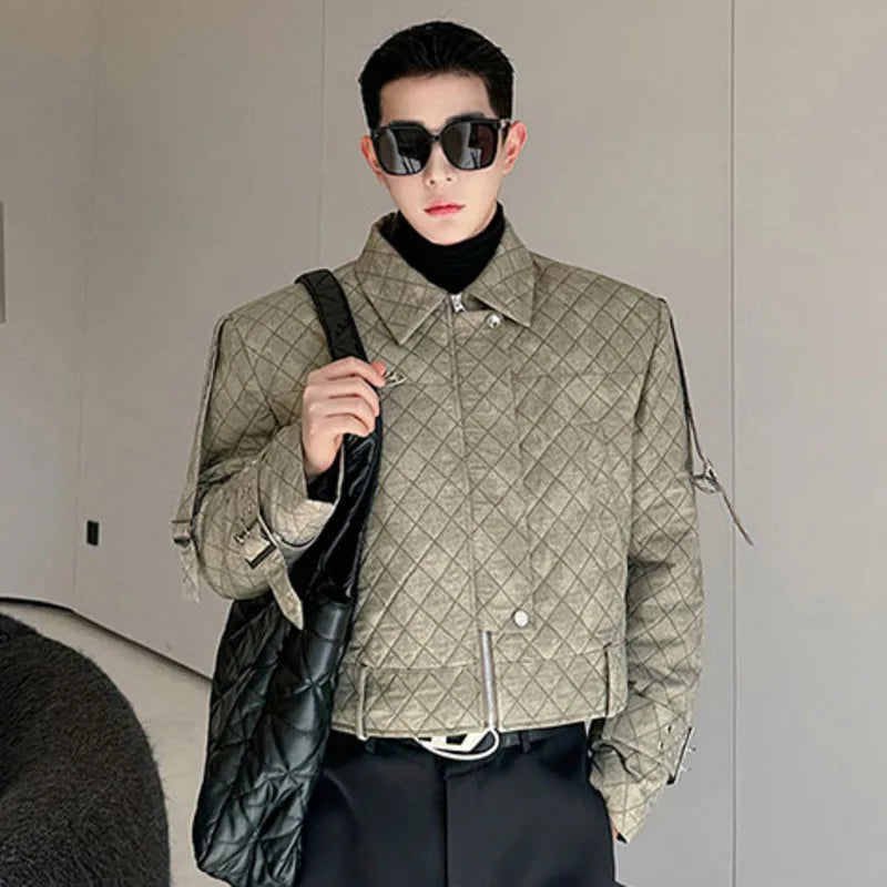 Argyle Men's Padded Jacket with Lapel Buckle Design - Gradient Color Zipper Cotton Short Coat - American Style Winter Outerwear for Casual Wear & Outdoor Activities (Model 9C3926)