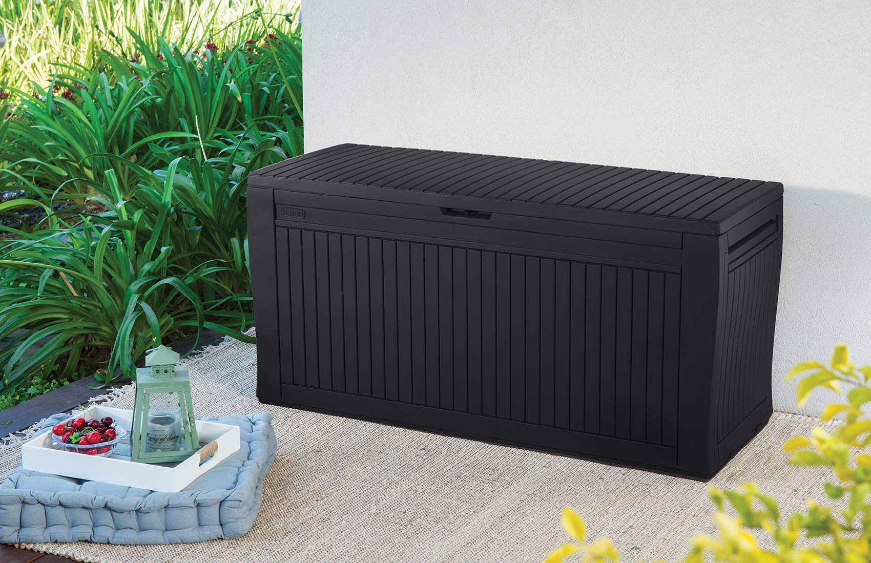 Keter Comfy Deck Box Grey - Outdoor Storage Bench for Patio, Garden & Backyard - Weather-Resistant & Durable Deck Storage Solution for Cushions, Pillows & Outdoor Accessories